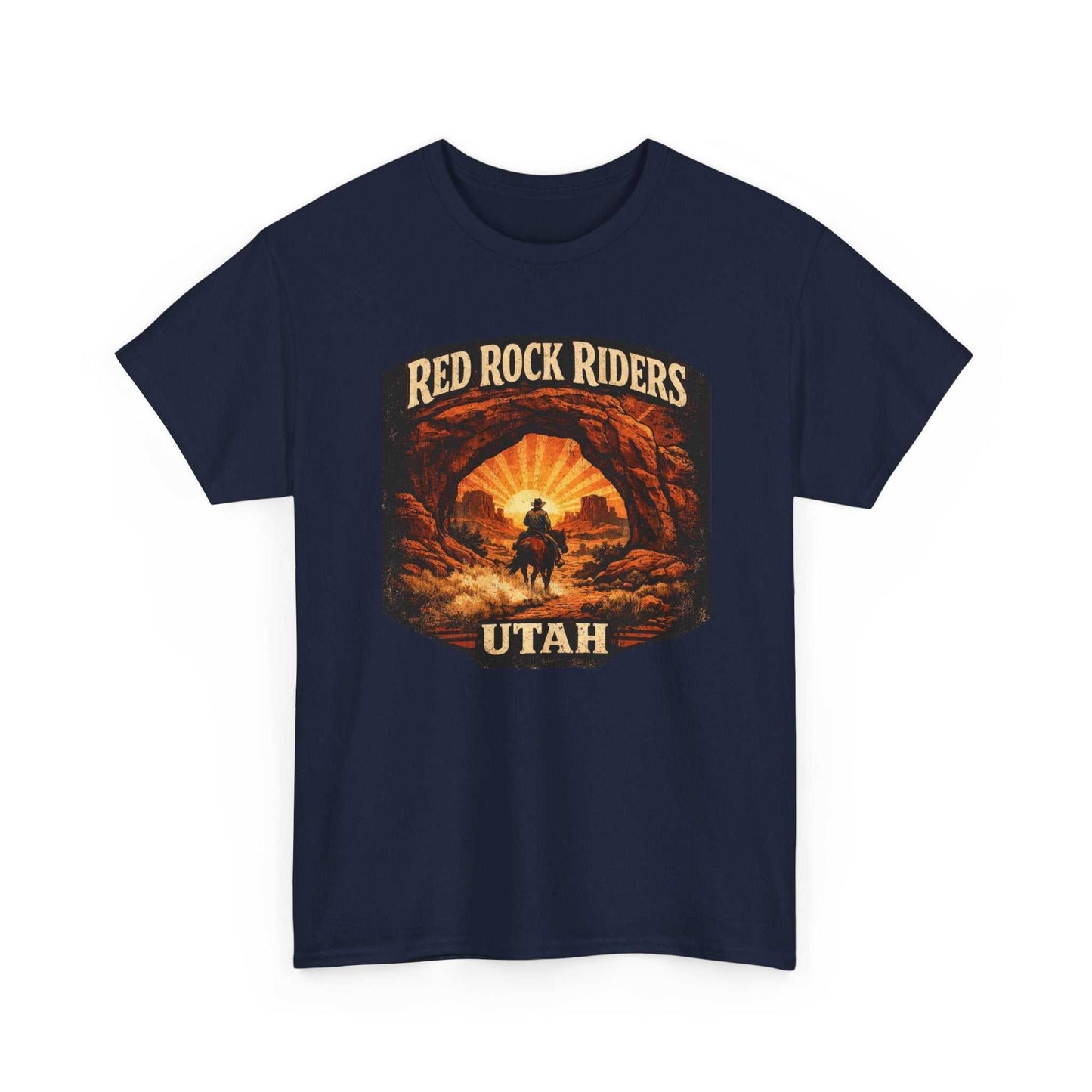Red Rock Riders Utah T-shirt by Big Sky Ranch Co. featuring vintage motorcycle sunset graphic and casual fit.