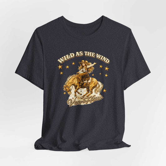 Big Sky Ranch Co. Wild as the Wind Cowgirl T-Shirt with vintage western rodeo graphic, showcasing a stylish western-inspired T-shirt design.