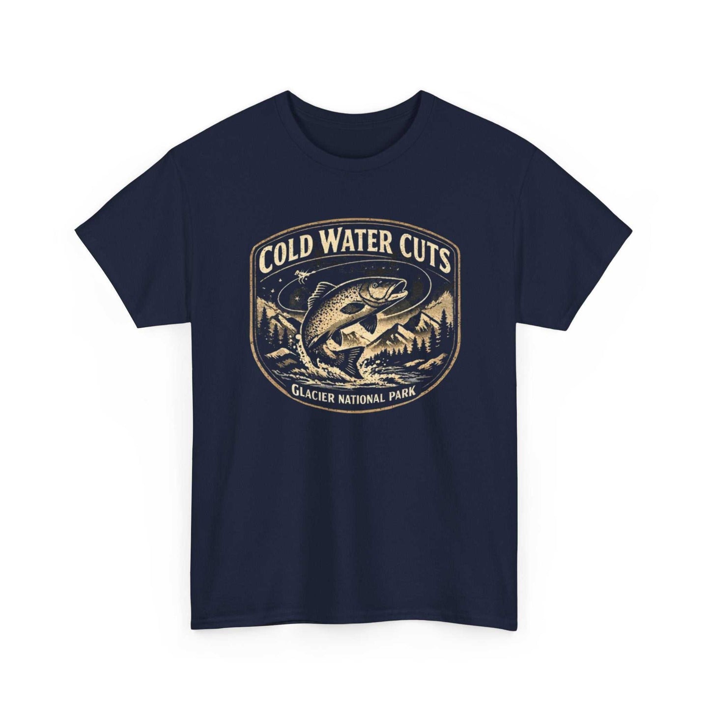 Fishing T-shirt by Big Sky Ranch Co. featuring a Glacier National Park fish graphic and "Cold Water Cuts" design.