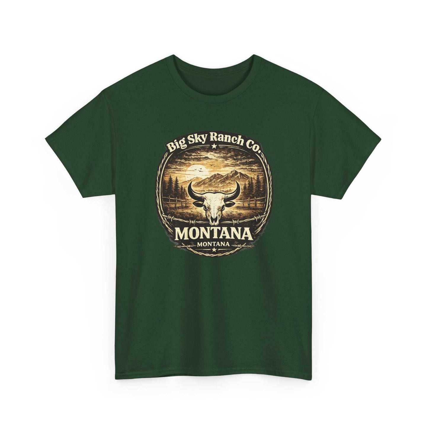 Big Sky Ranch Co. Montana Ranch Co. Tee featuring a bold bull skull graphic on a casual T-shirt for ranch and outdoor enthusiasts.