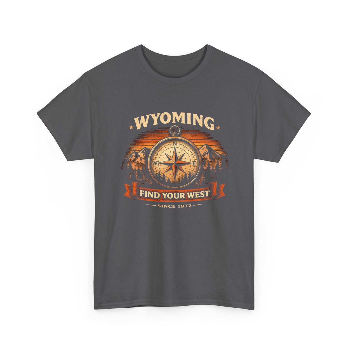 Big Sky Ranch Co. Wyoming Compass T-Shirt featuring vintage adventure design with "Find Your West" slogan and compass graphic.