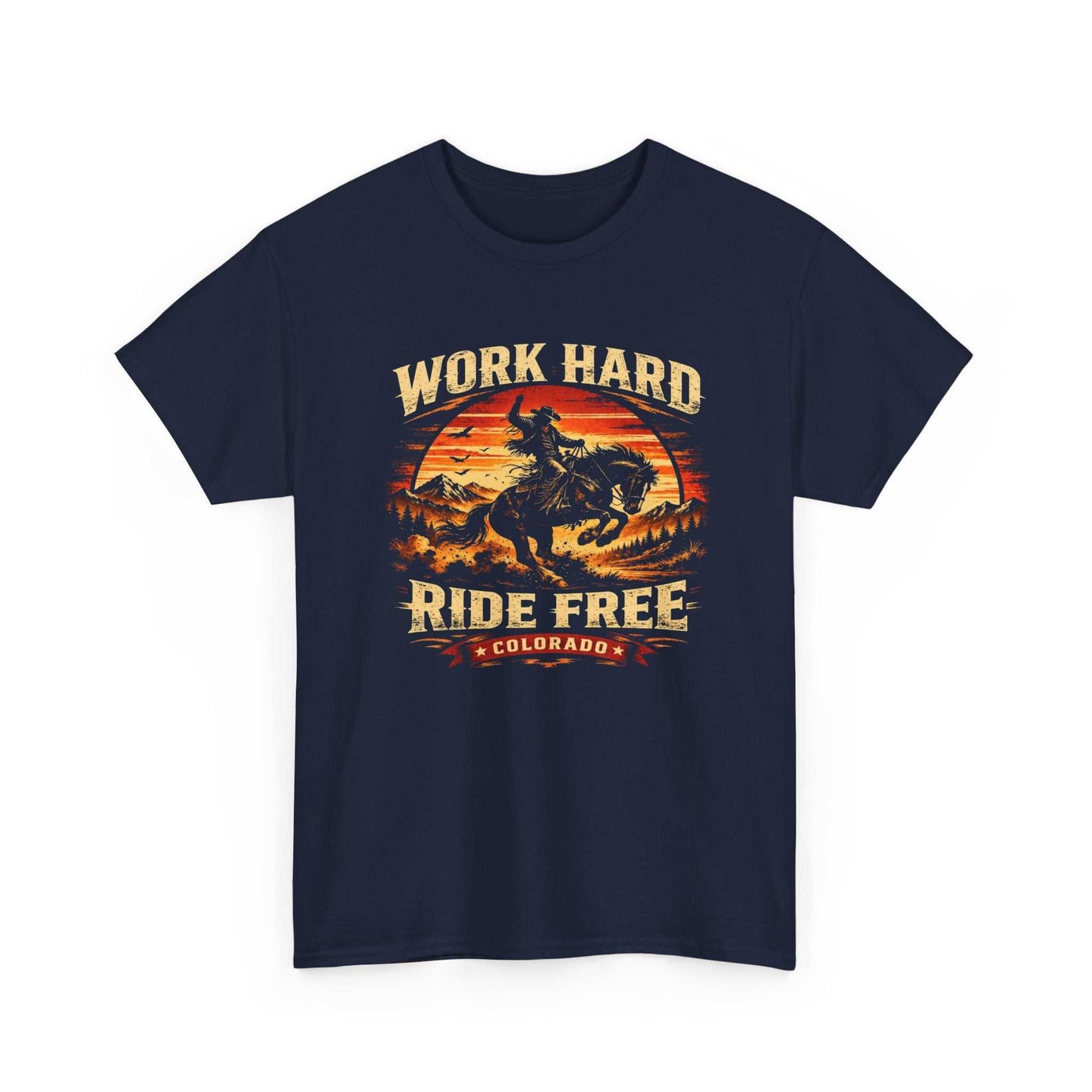 Colorful Colorado Cowboy motorcycle sunset T-shirt by Big Sky Ranch Co., featuring vintage-inspired design and bold graphics.