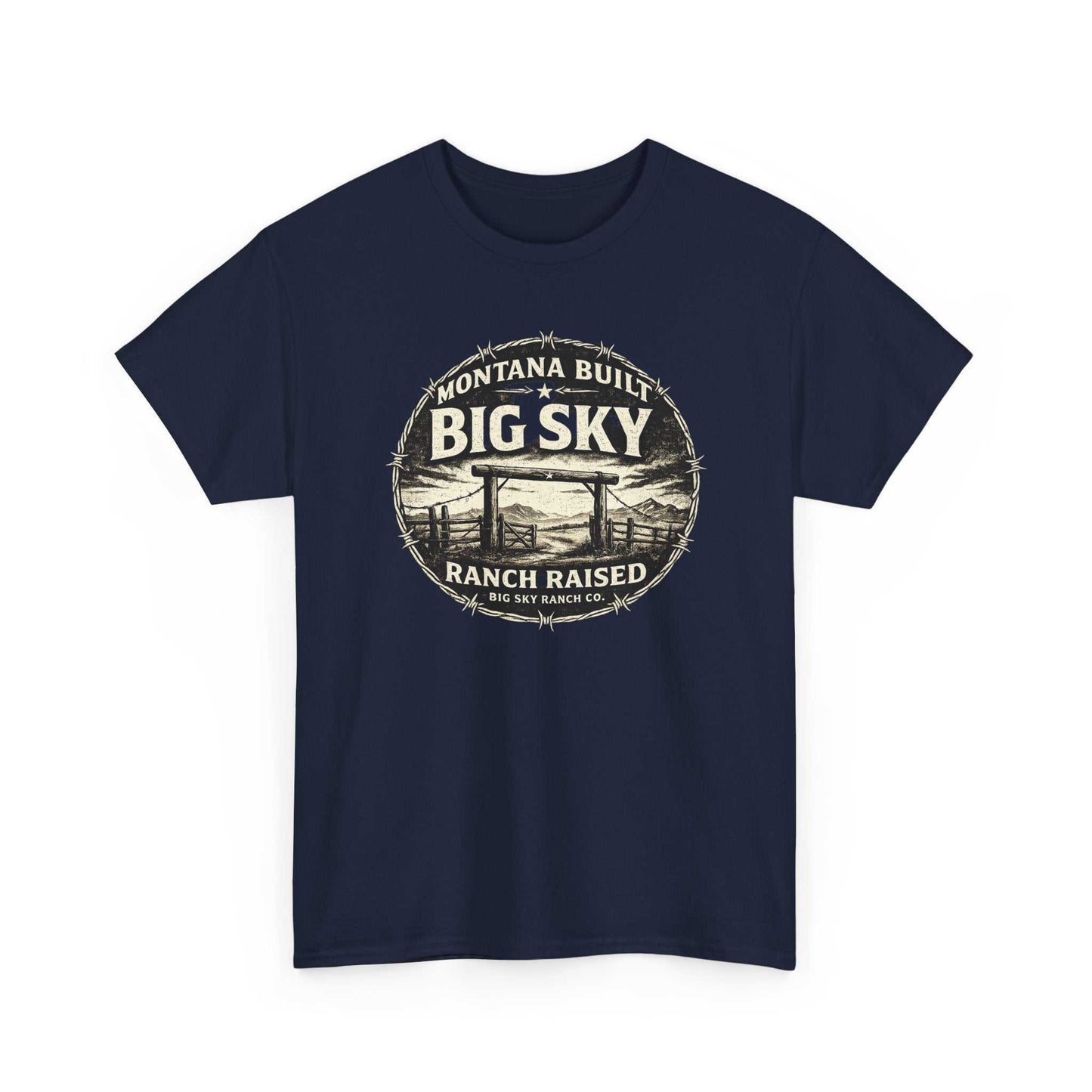 Big Sky Ranch Co. T-shirt with "Montana Built, Ranch Raised" graphic design, casual ranch-inspired graphic tee for men or women.