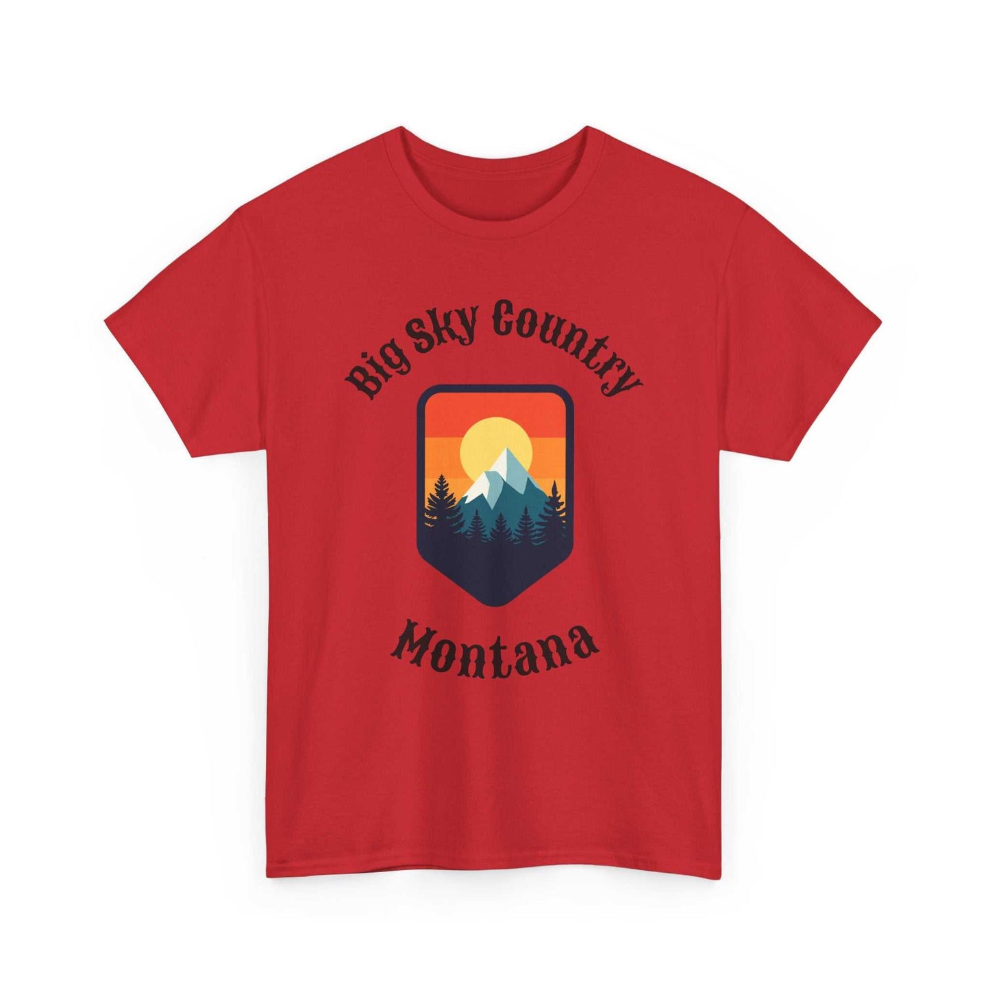 Montana Big Sky Ranch Co. T-Shirt with retro mountain sunset graphic, showcasing a vibrant outdoor landscape design.