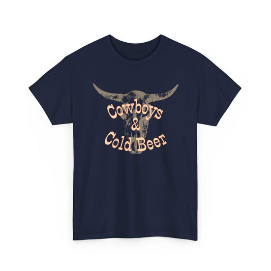 Western cowboy graphic T-shirt by Big Sky Ranch Co. featuring cowboy and cold beer design on a casual men's tee.