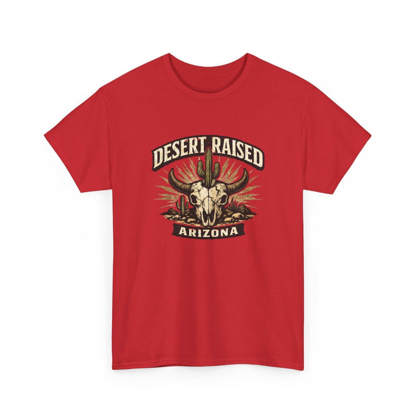 Desert Raised Arizona T-Shirt by Big Sky Ranch Co. featuring a southwestern skull and cactus graphic on a casual cotton tee.