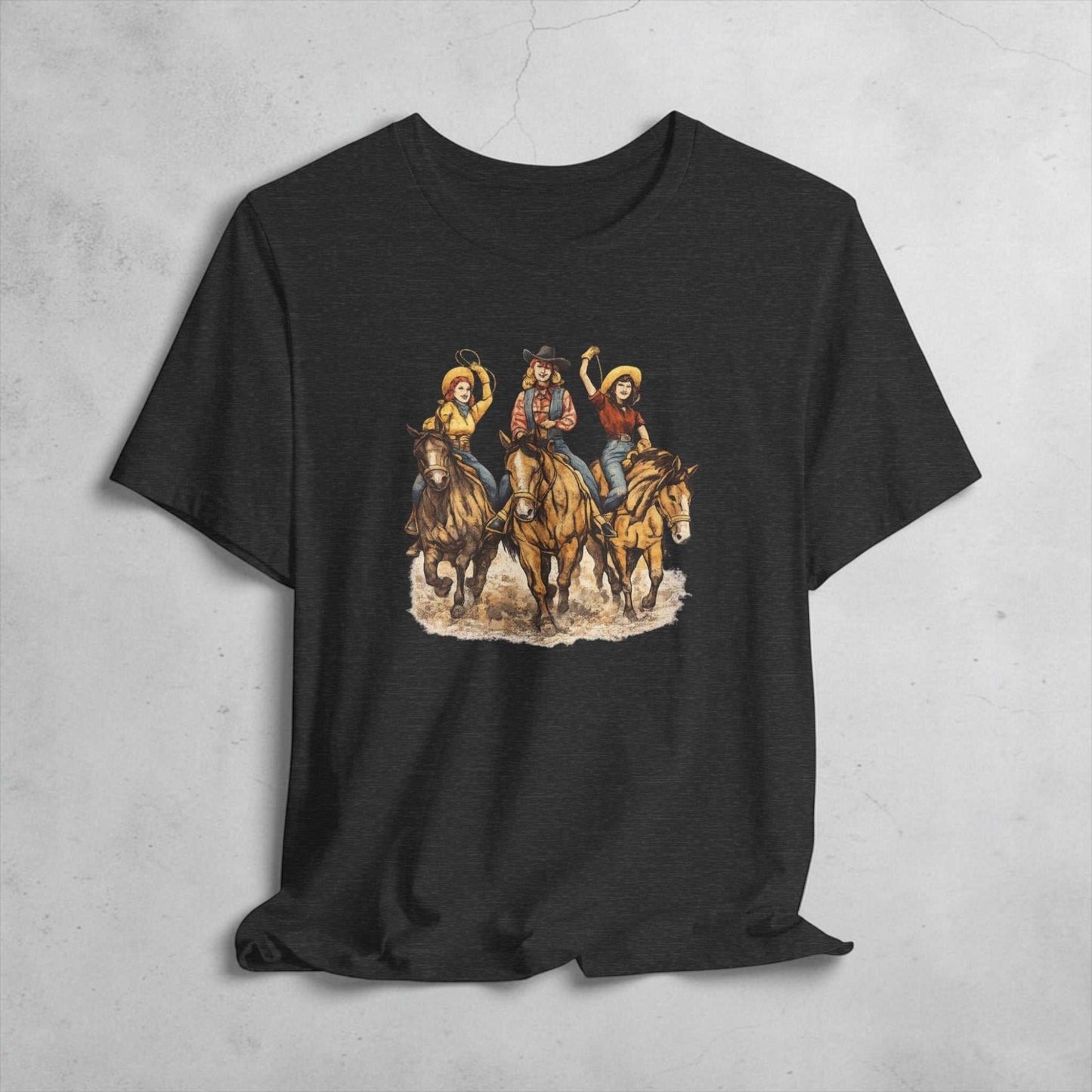 Cowgirl Trio riding horses Western rodeo graphic T-shirt by Big Sky Ranch Co. featuring vibrant Western rodeo design.