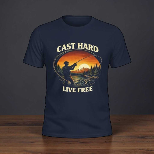 Vintage sunset fishing T-shirt by Big Sky Ranch Co. featuring "Cast Hard Live Free" slogan and angler design.