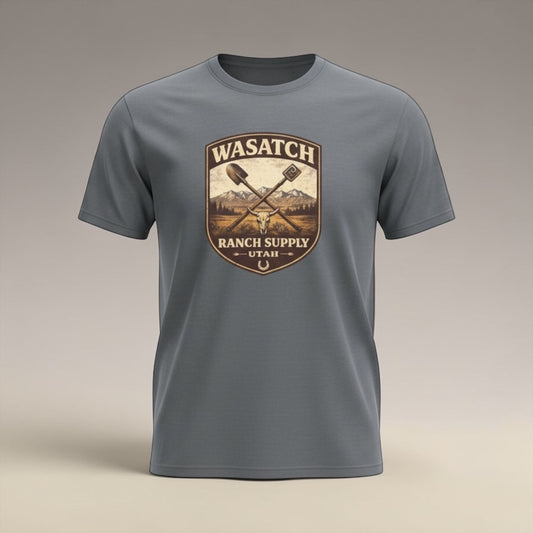 Big Sky Ranch Co. vintage Utah ranch badge T-shirt featuring rustic design and classic fit, ideal for outdoor and ranch wear.