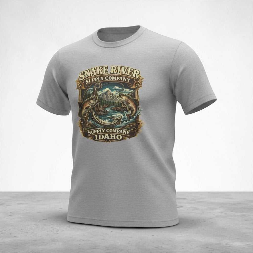 Vintage Trout Graphic T-Shirt from Big Sky Ranch Co. featuring Snake River Idaho fishing scene on a casual tee.