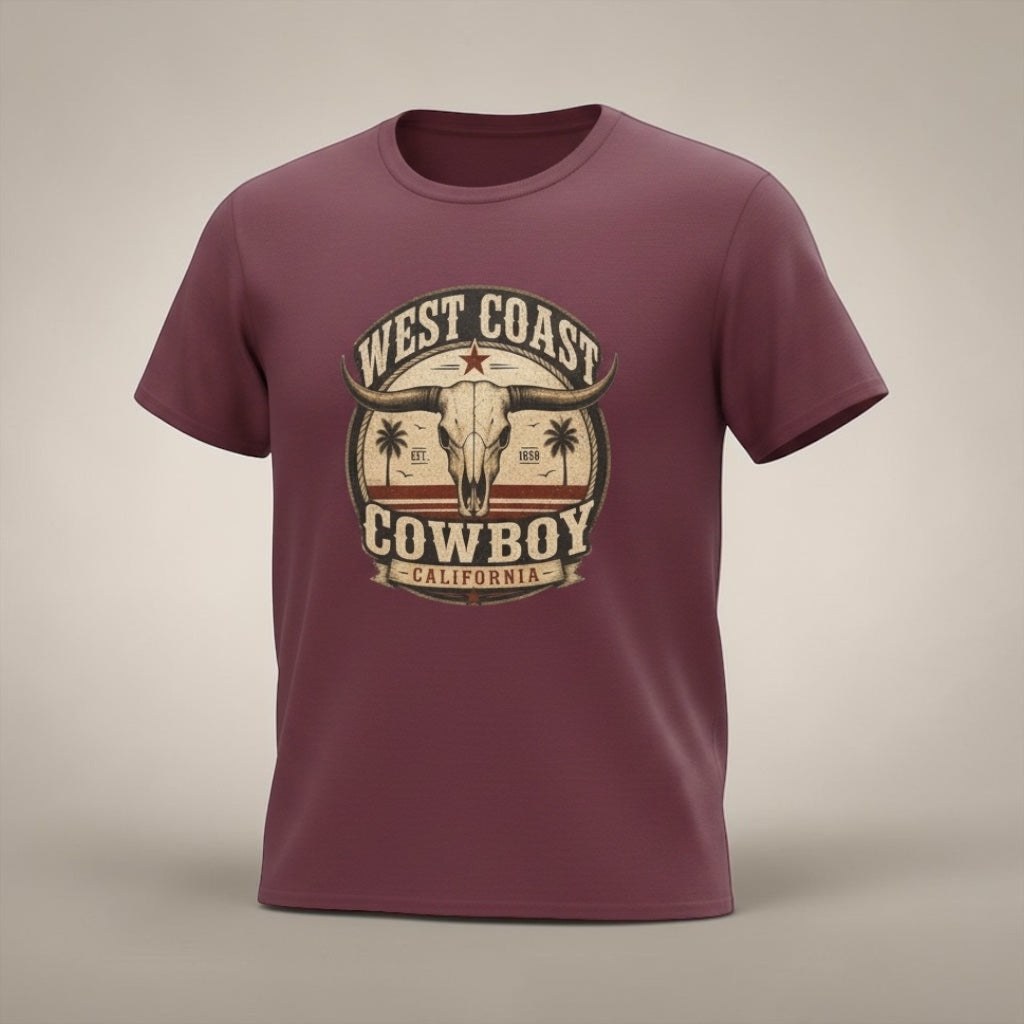 Vintage West Coast Cowboy T-Shirt by Big Sky Ranch Co. featuring California skull graphic and cowboy design.