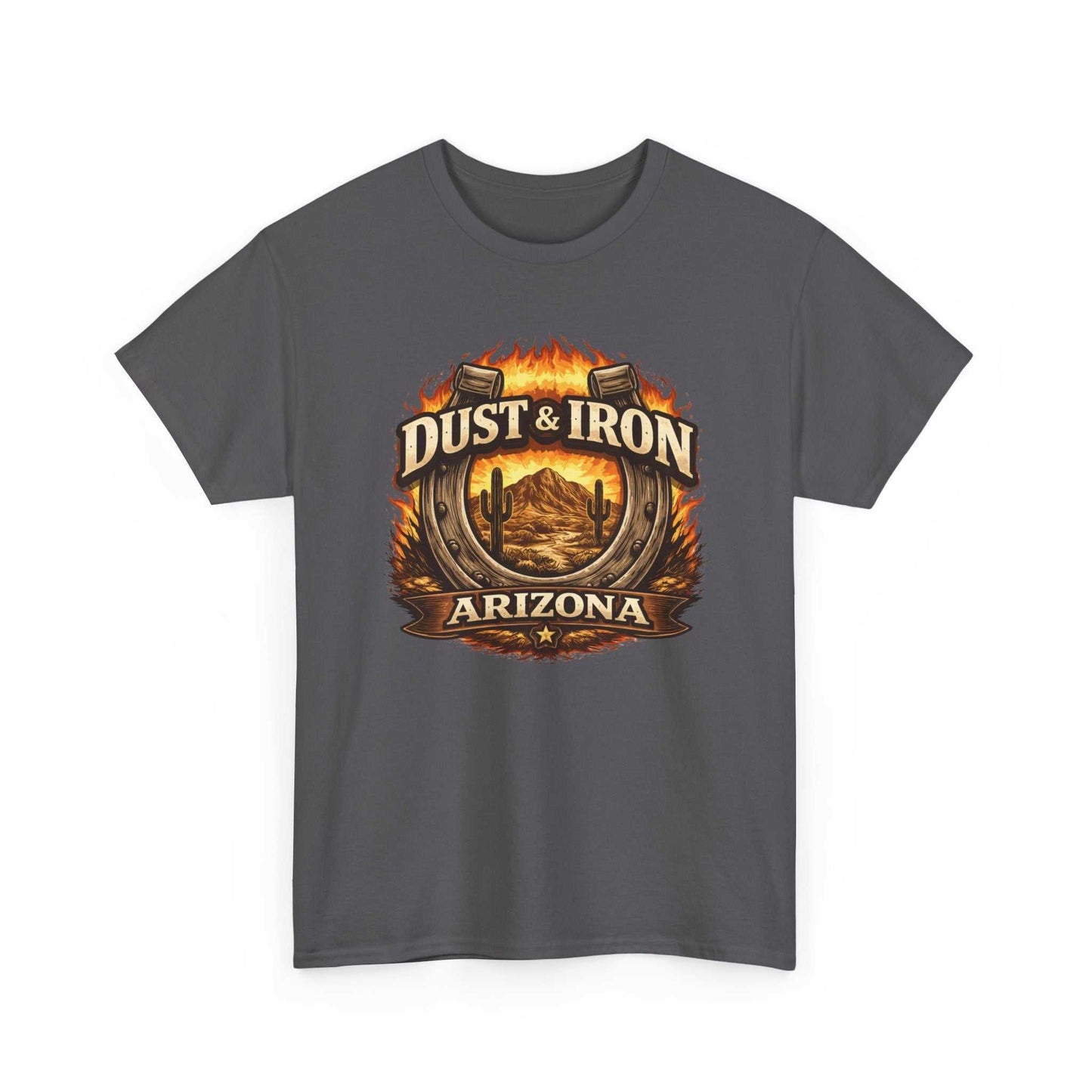 Dust & Iron Arizona T-Shirt by Big Sky Ranch Co. featuring vintage motorcycle emblem design on soft cotton tee.