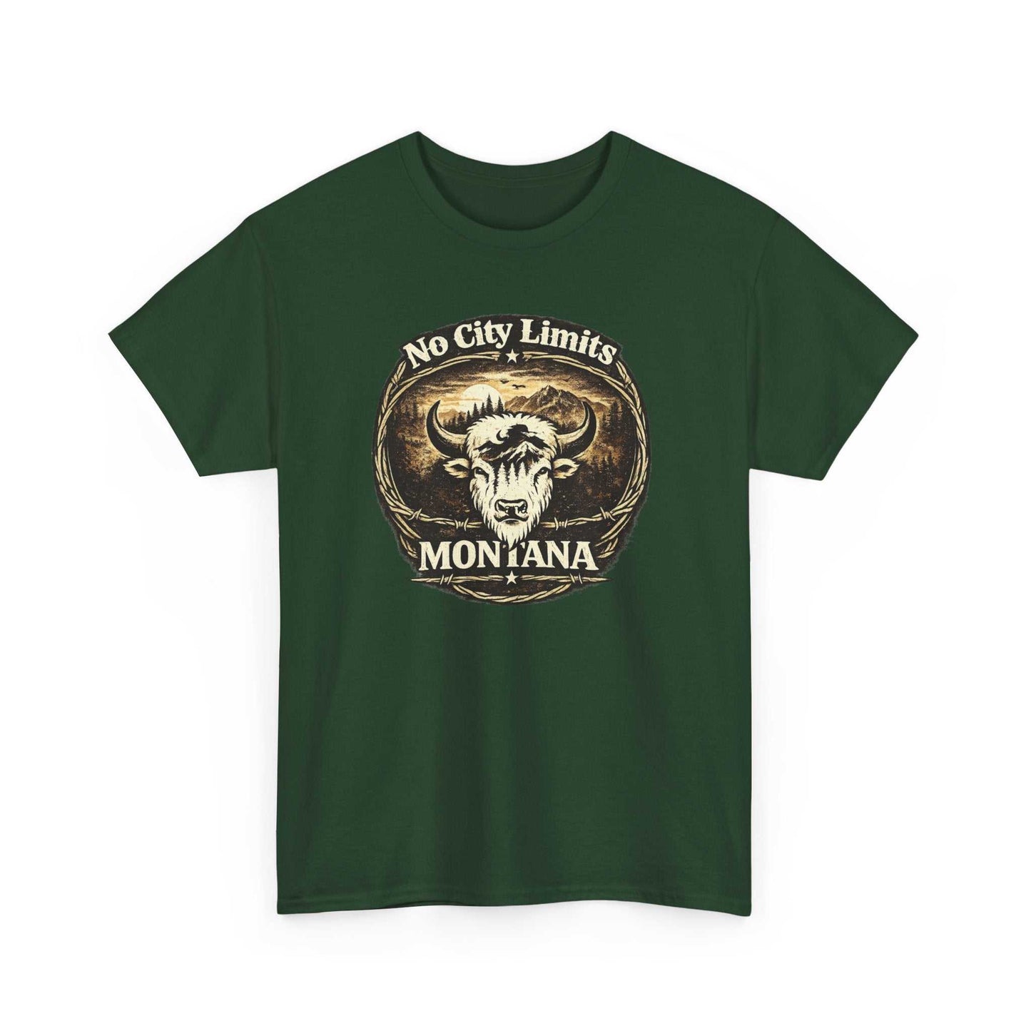 Vintage Montana Bison T-shirt by Big Sky Ranch Co. featuring "No City Limits" western design and bold bison graphic.