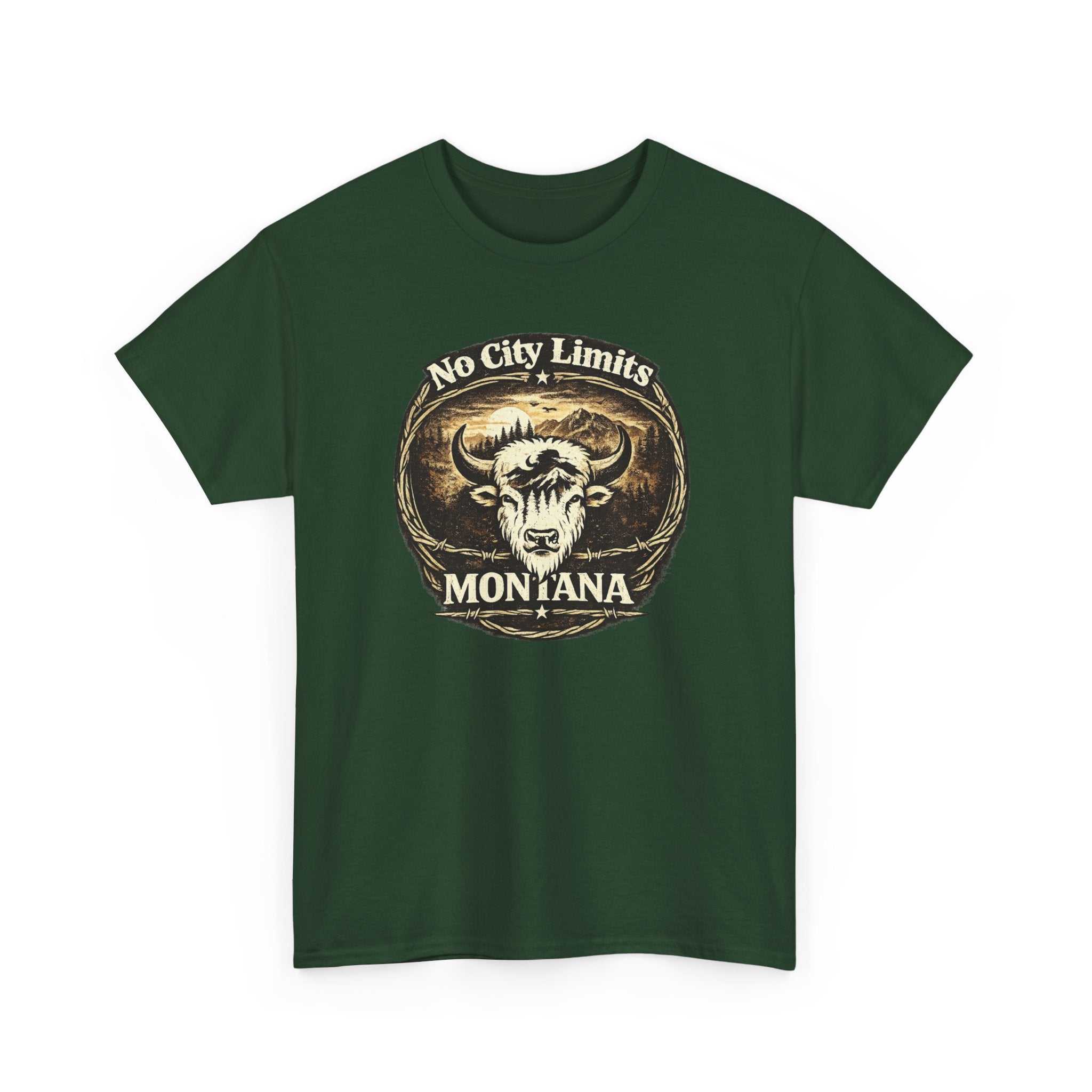 Vintage Montana Bison T-shirt by Big Sky Ranch Co. featuring "No City Limits" western design and bold bison graphic.