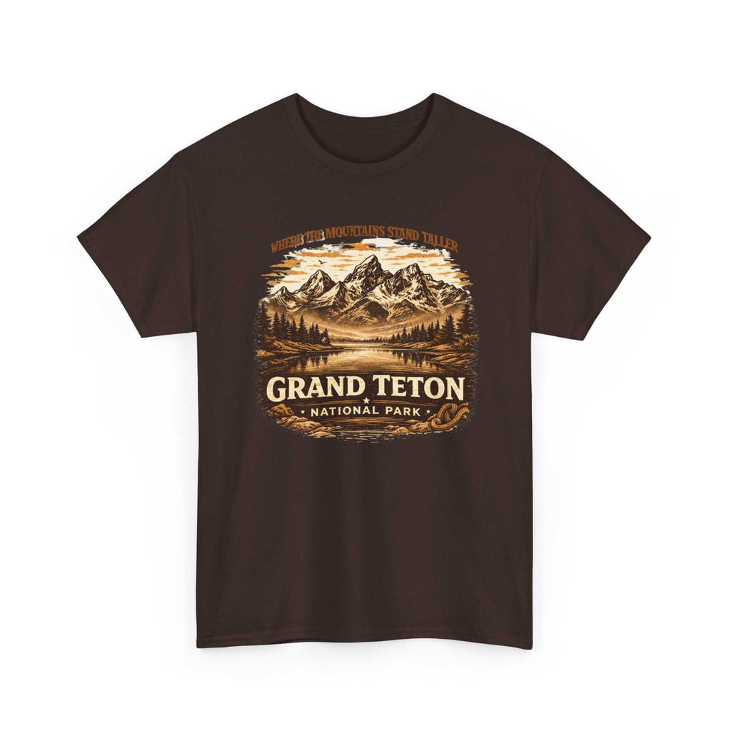 Vintage Grand Teton National Park T-shirt by Big Sky Ranch Co. featuring mountain and camping artwork in a casual style.