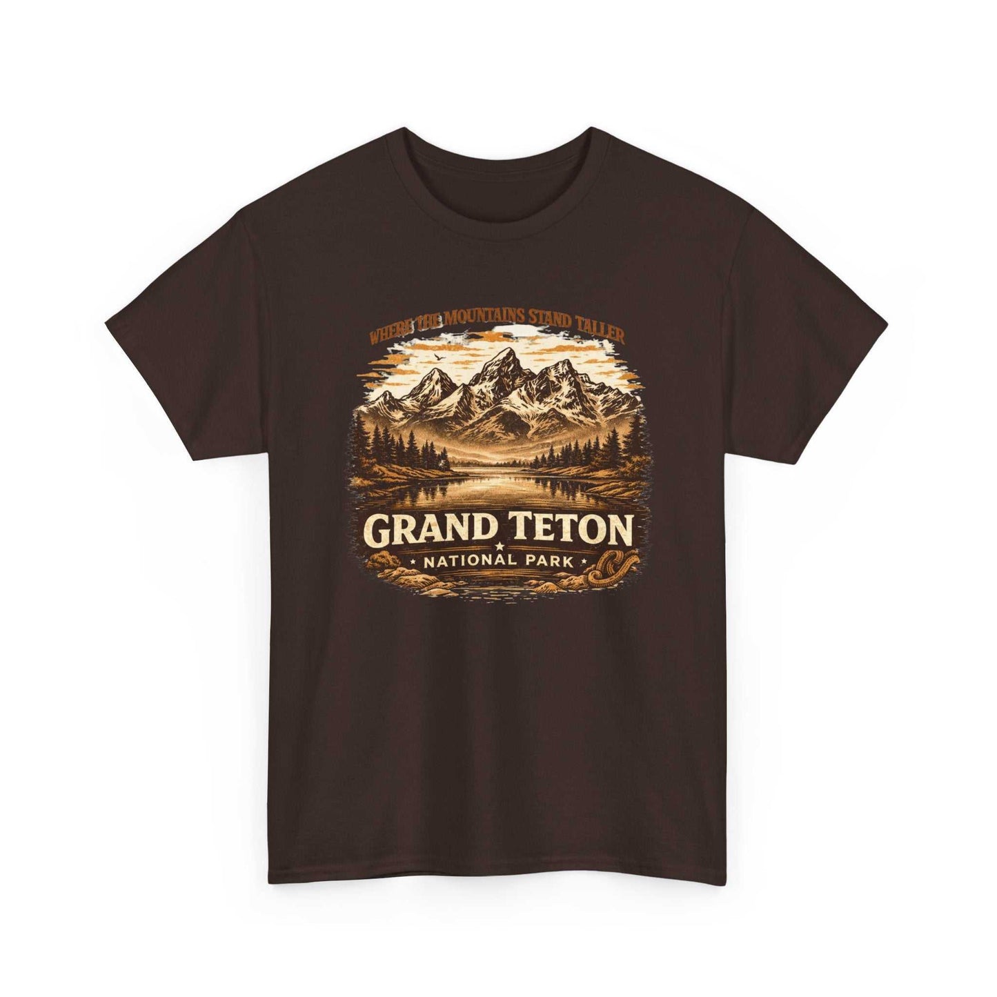 Vintage Grand Teton National Park T-shirt by Big Sky Ranch Co. featuring mountain and camping artwork in a casual style.