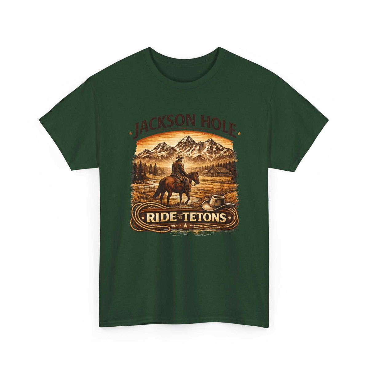 Big Sky Ranch Co. Jackson Hole Ride Tetons T-shirt featuring mountain and rodeo graphic in natural colors.