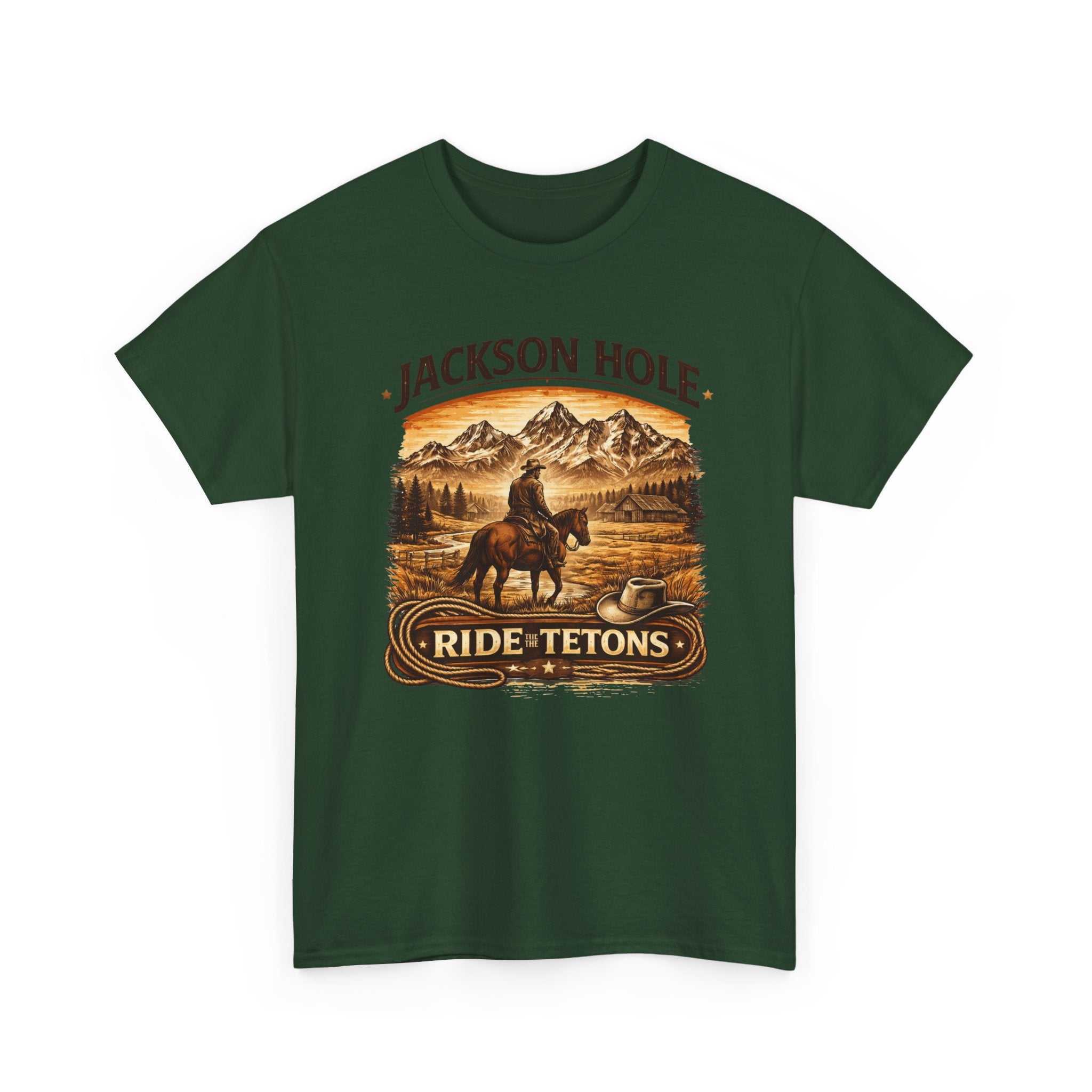 Big Sky Ranch Co. Jackson Hole Ride Tetons T-shirt featuring mountain and rodeo graphic in natural colors.