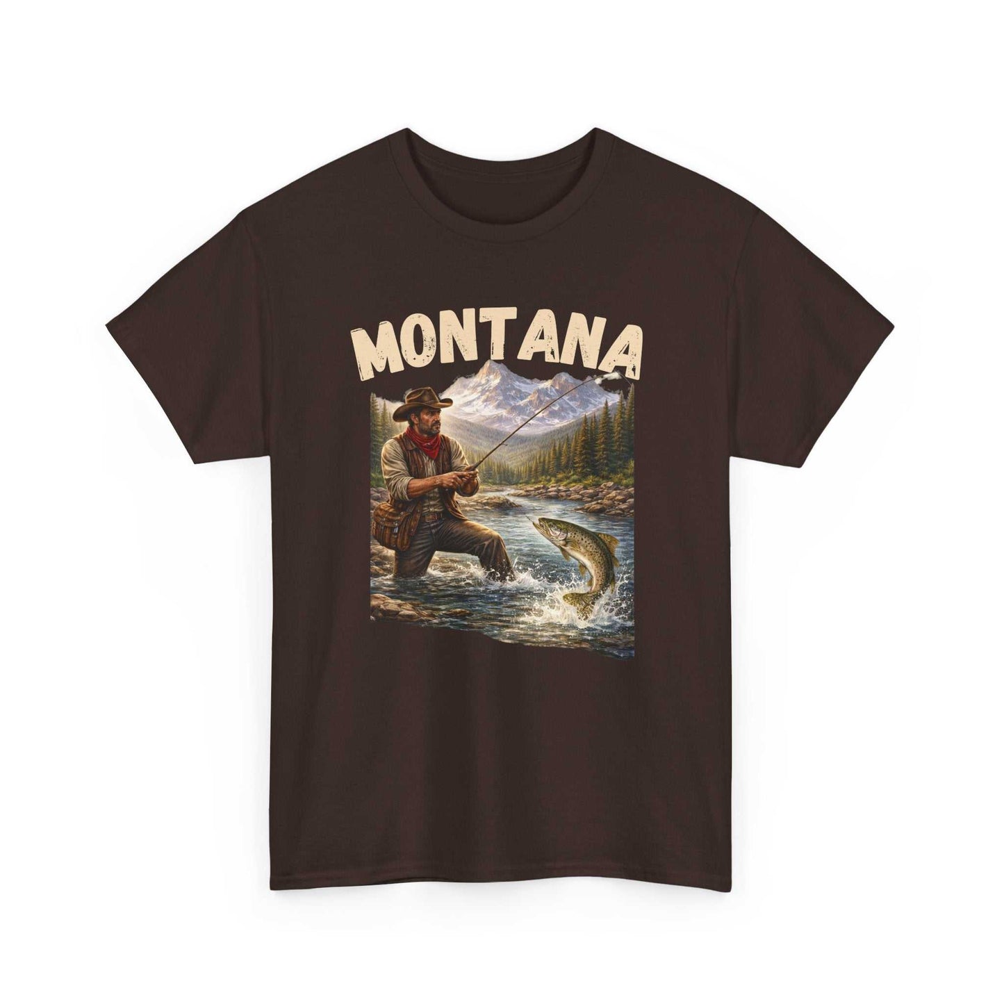 Montana Trout Fishing T-Shirt by Big Sky Ranch Co. featuring vintage outdoors angler design, with a fishing-themed graphic on the front.
