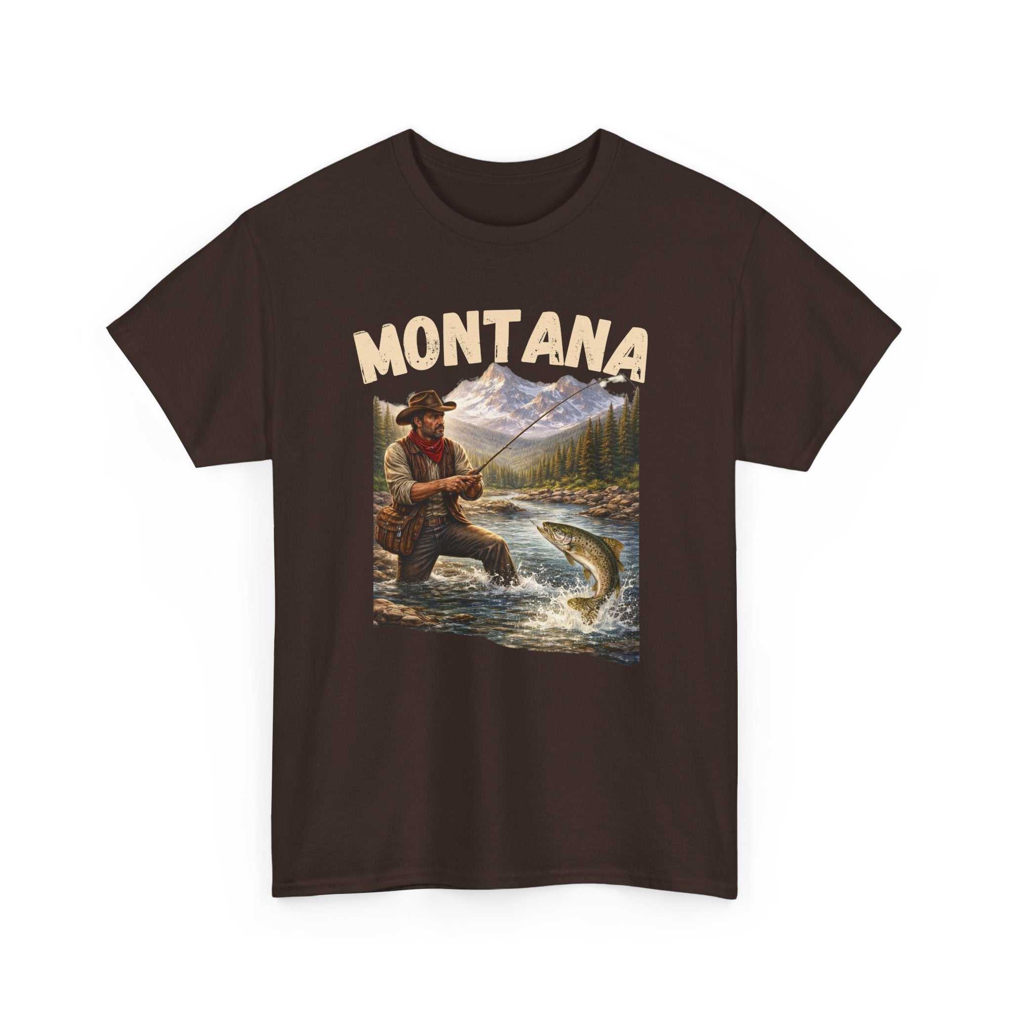 Montana Trout Fishing T-Shirt by Big Sky Ranch Co. featuring vintage outdoors angler design, with a fishing-themed graphic on the front.