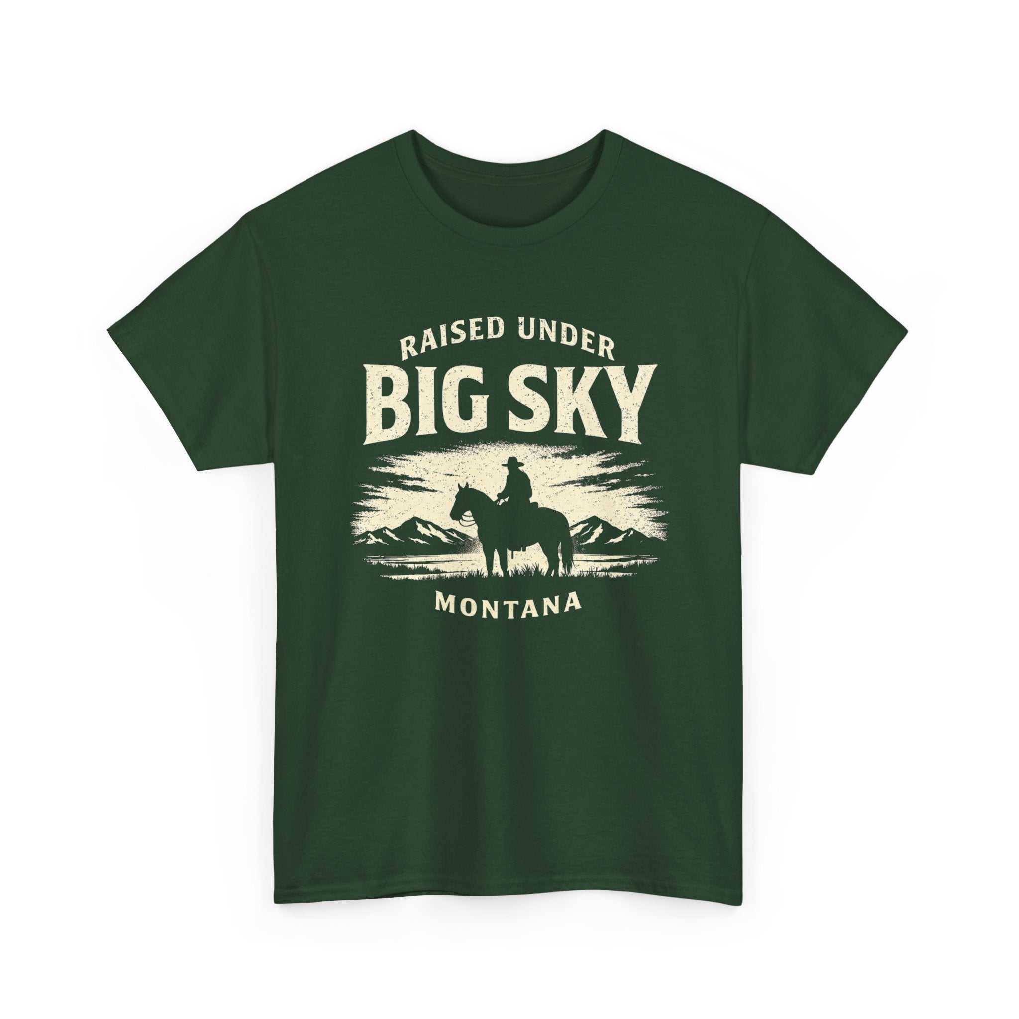 Big Sky Ranch Co. Raised Under Big Sky Montana T-Shirt with Western cowboy scenic graphic and outdoors design.