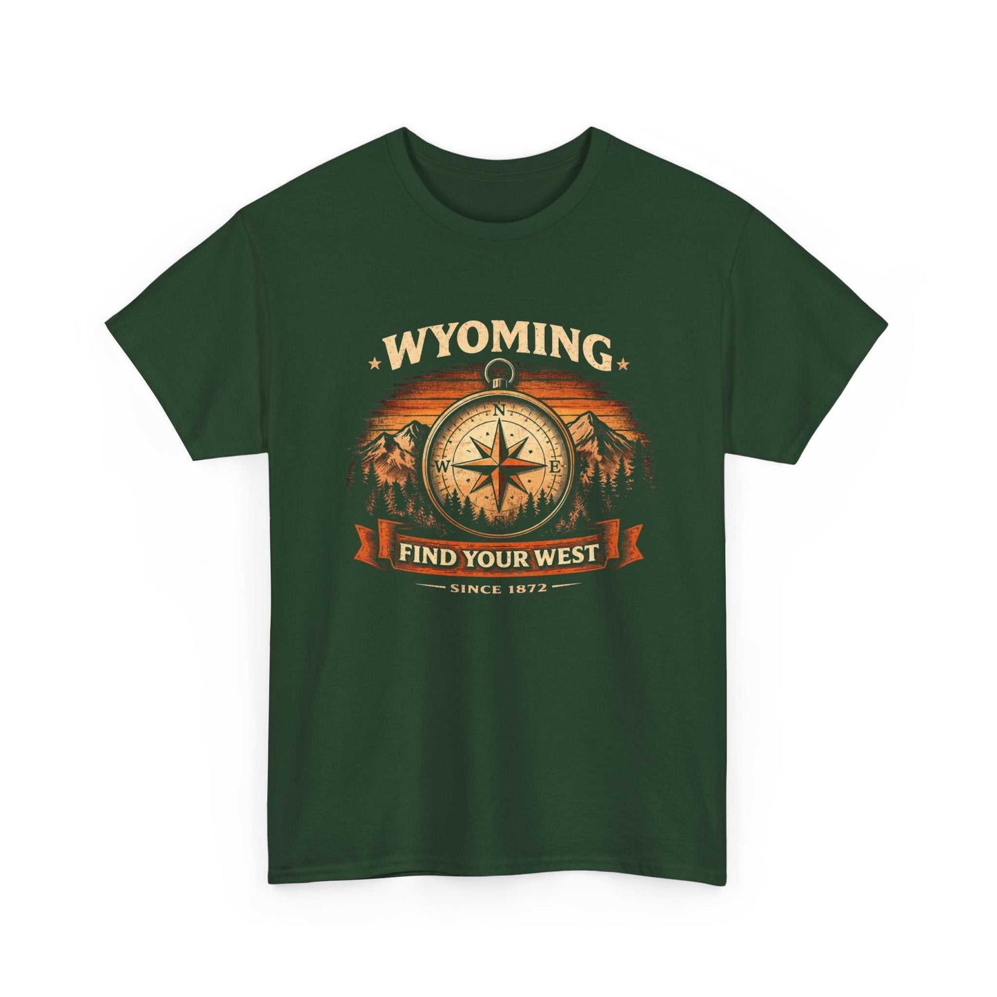 Vintage Wyoming Compass T-Shirt by Big Sky Ranch Co., featuring a western compass design and "Find Your West" slogan.