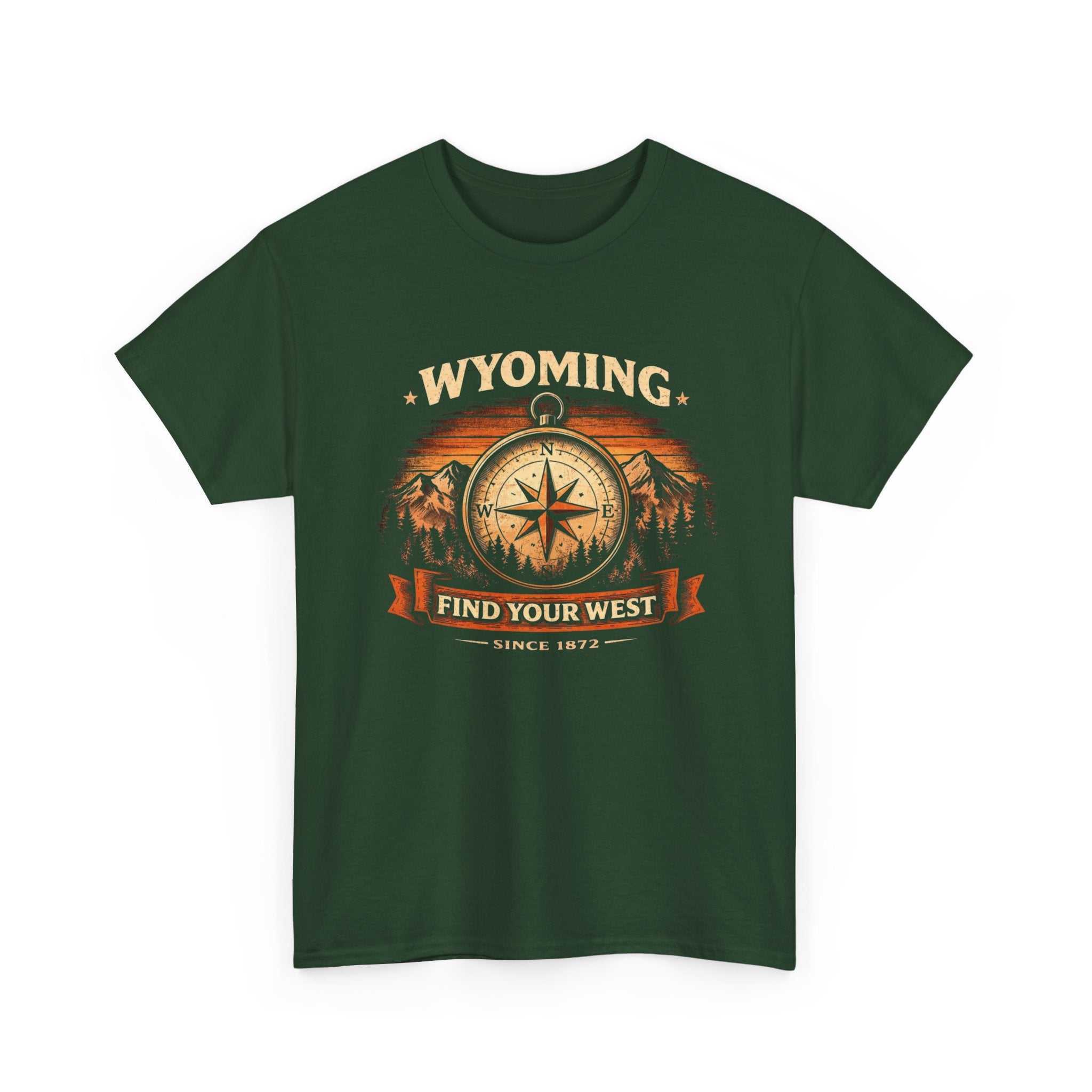 Vintage Wyoming Compass T-Shirt by Big Sky Ranch Co., featuring a western compass design and "Find Your West" slogan.