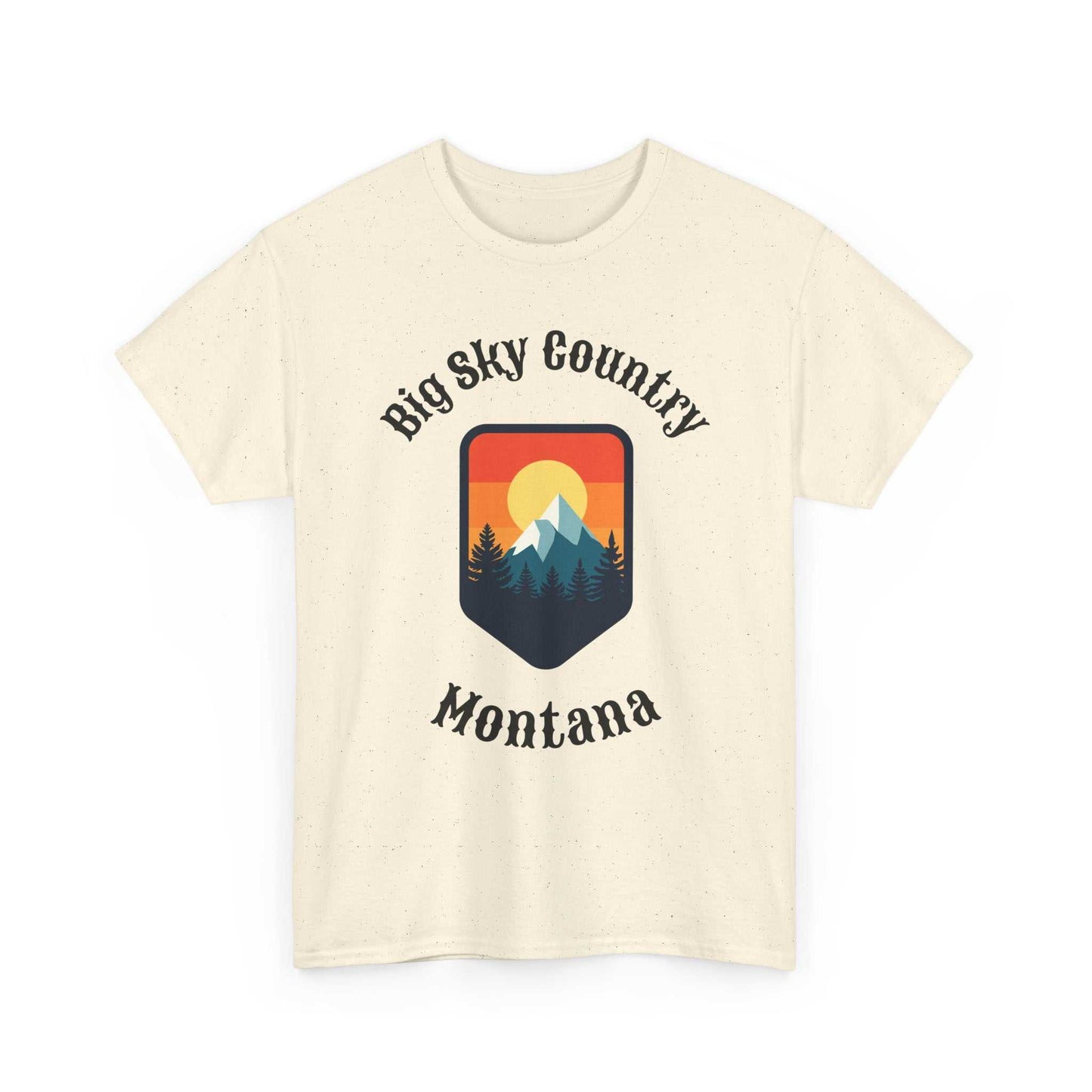 Montana Big Sky Ranch Co. T-Shirt with retro mountain sunset graphic, featuring vibrant sunset and mountain design.