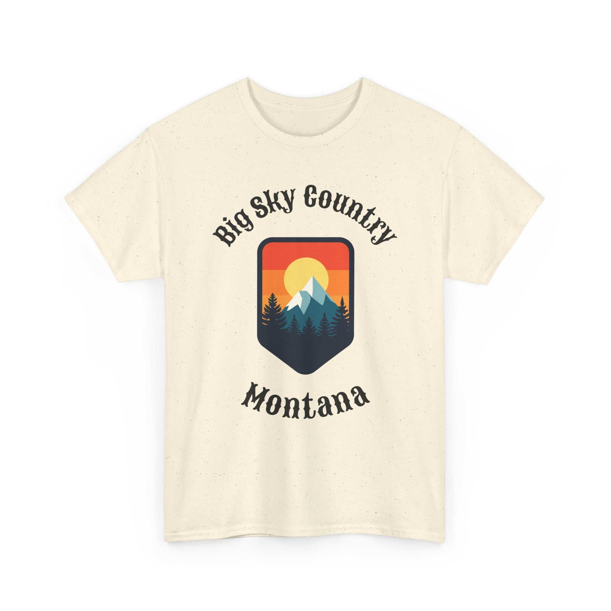 Montana Big Sky Ranch Co. T-Shirt with retro mountain sunset graphic, featuring vibrant sunset and mountain design.