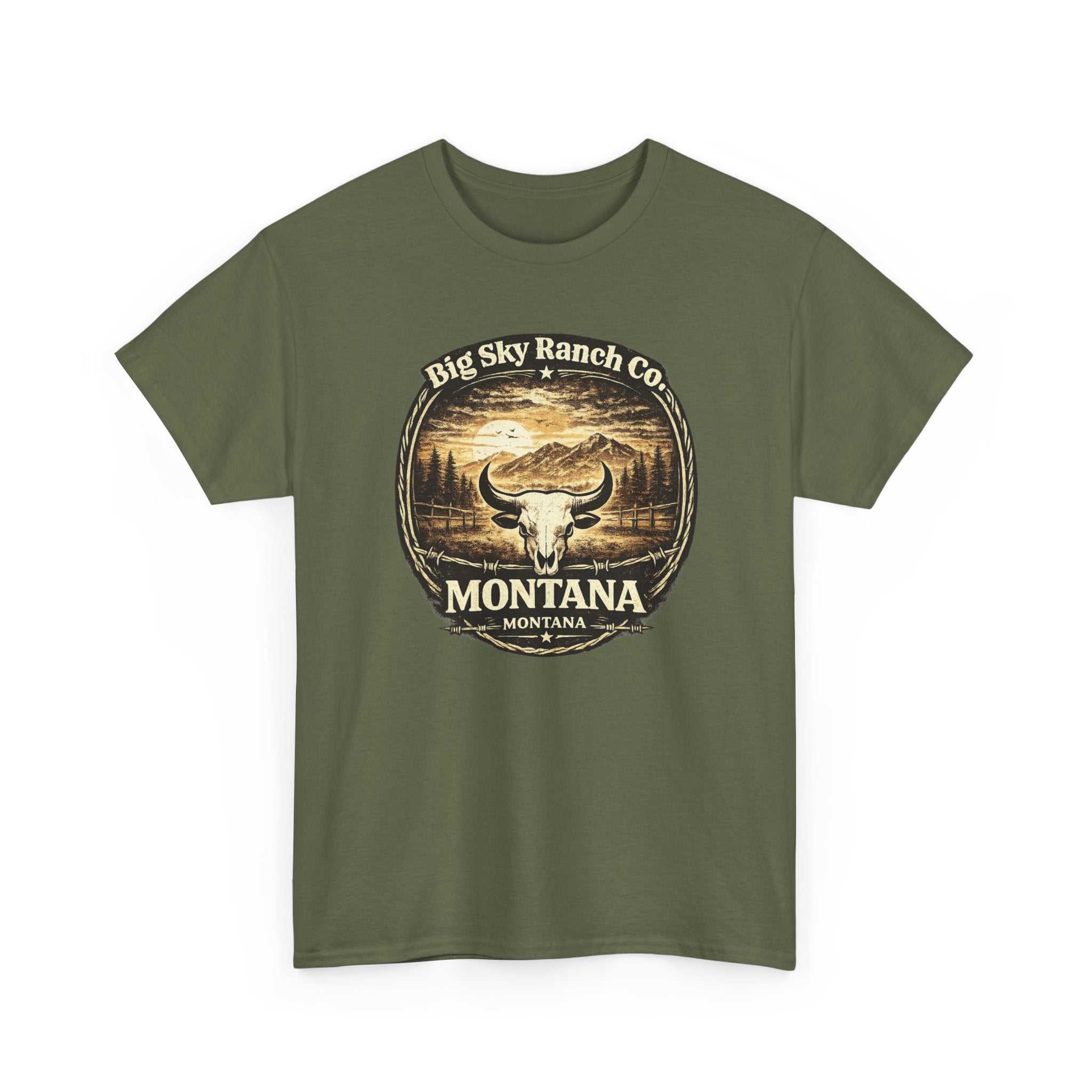 Big Sky Ranch Bull Skull graphic T-shirt by Montana Ranch Co., featuring a bold ranch-themed design on a casual tee.