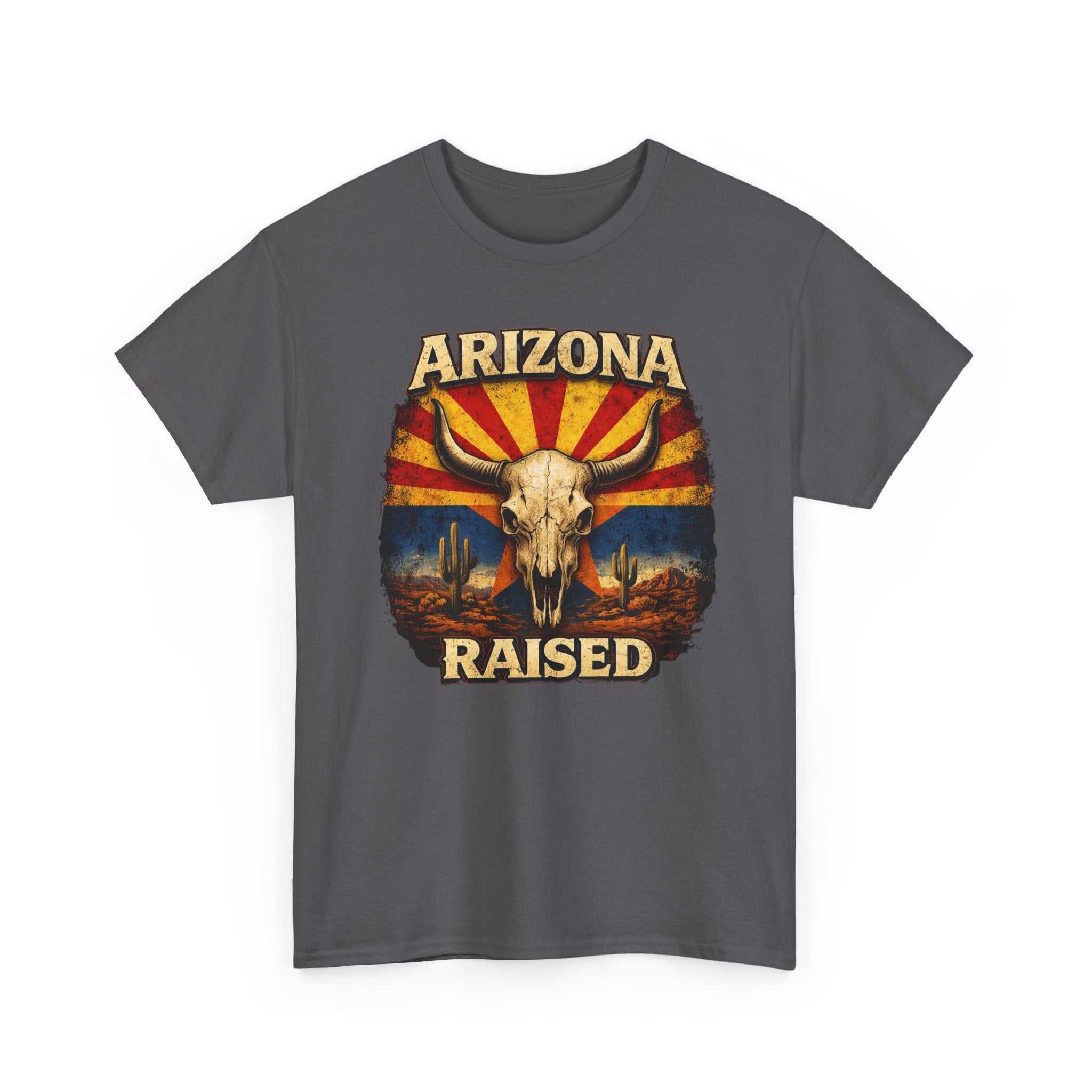 Arizona Raised T-Shirt by Big Sky Ranch Co., featuring desert skull and retro flag design on a casual cotton tee.