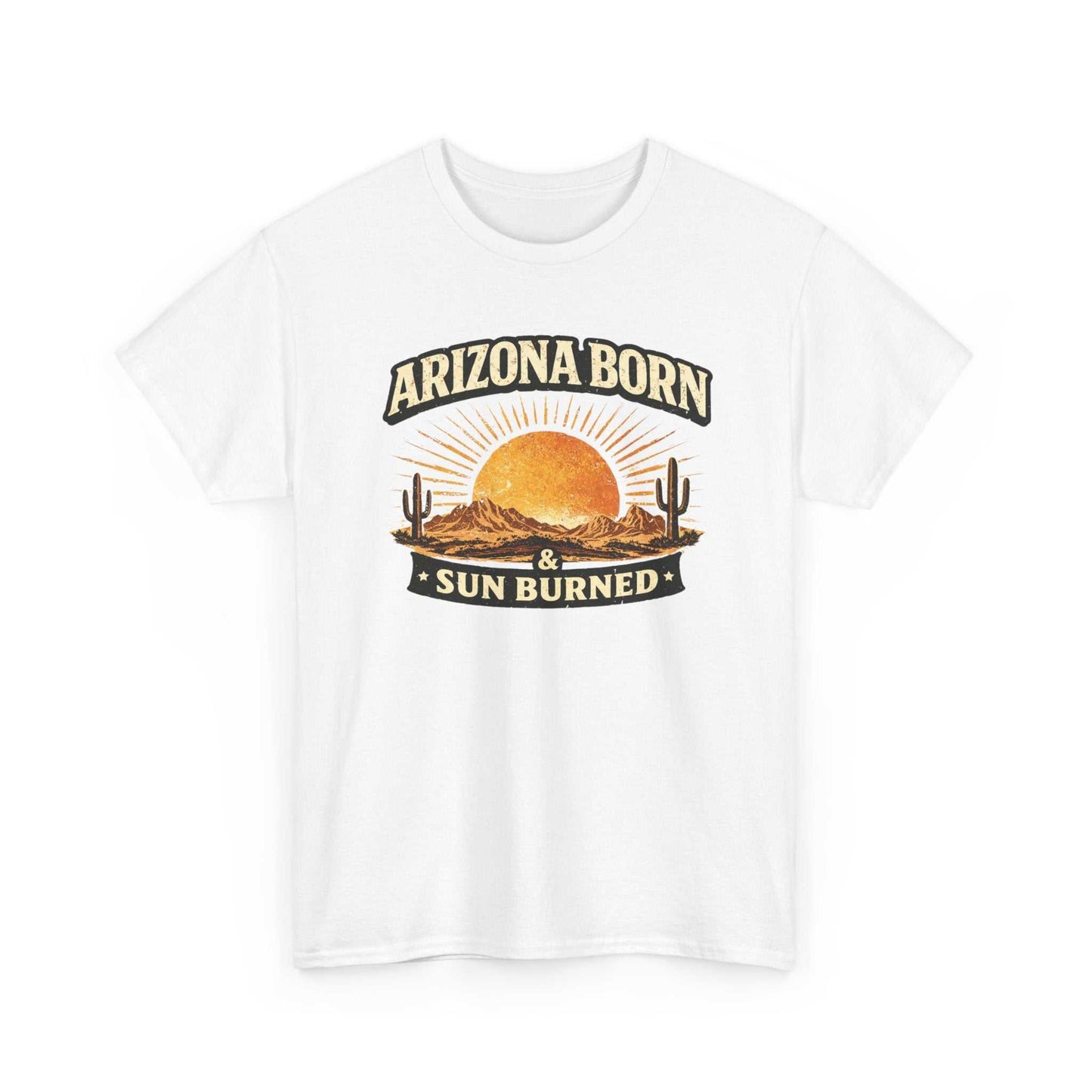 Arizona Born & Sun Burned T-Shirt by Big Sky Ranch Co. featuring a desert sunset graphic on a casual T-shirt.