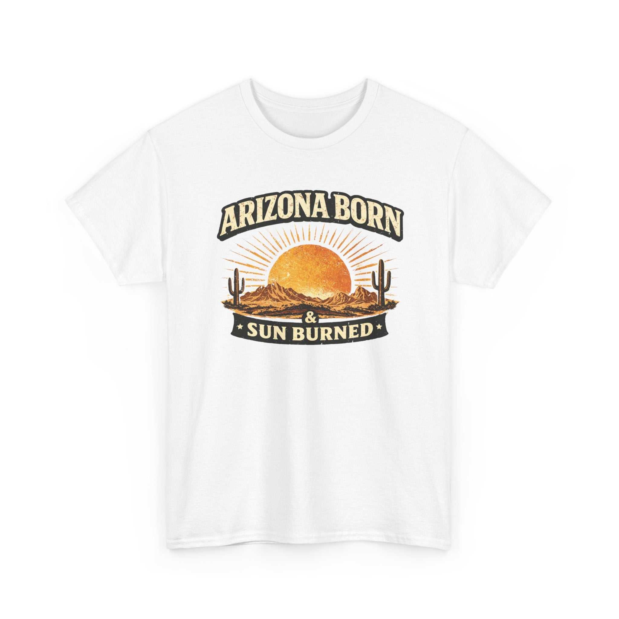 Arizona Born & Sun Burned T-Shirt by Big Sky Ranch Co. featuring a desert sunset graphic on a casual T-shirt.