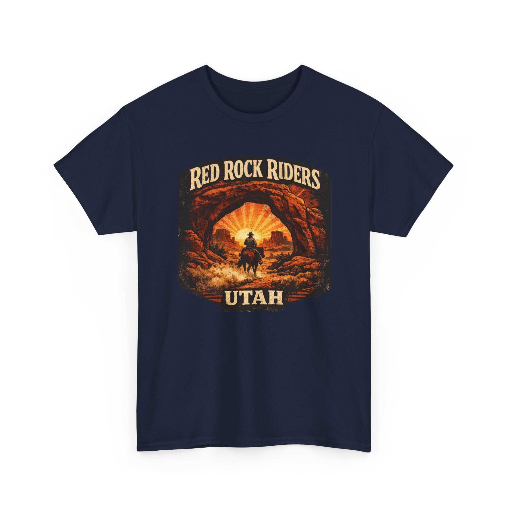 Red Rock Riders Utah T-shirt by Big Sky Ranch Co. featuring vintage motorcycle sunset graphic and casual fit.