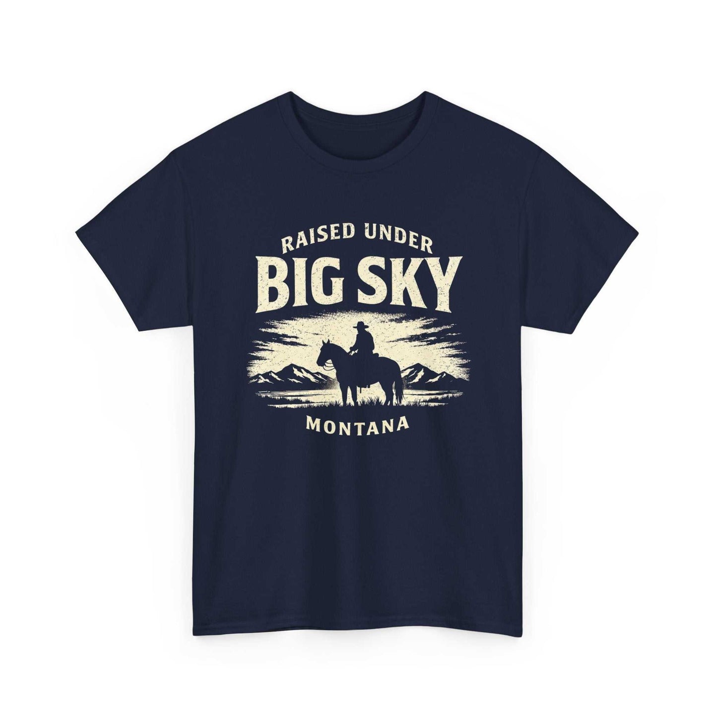 Big Sky Ranch Co. Raised Big Sky Montana T-Shirt with Western cowboy scenic graphic, casual cowboy-themed T-shirt for men or women.