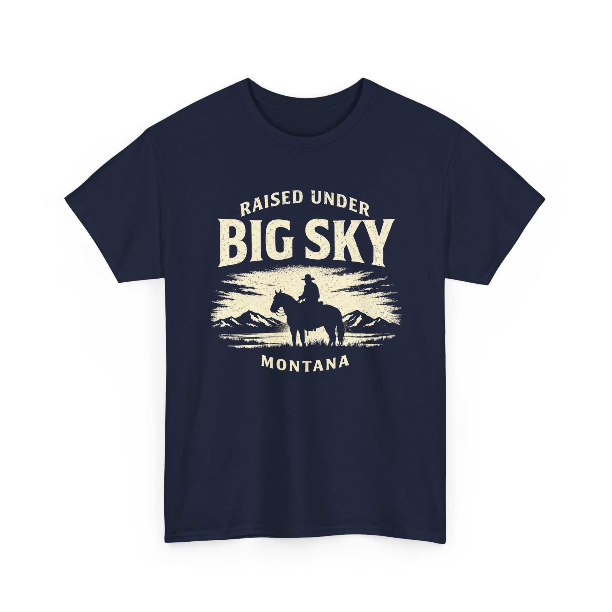 Big Sky Ranch Co. Raised Big Sky Montana T-Shirt with Western cowboy scenic graphic, casual cowboy-themed T-shirt for men or women.