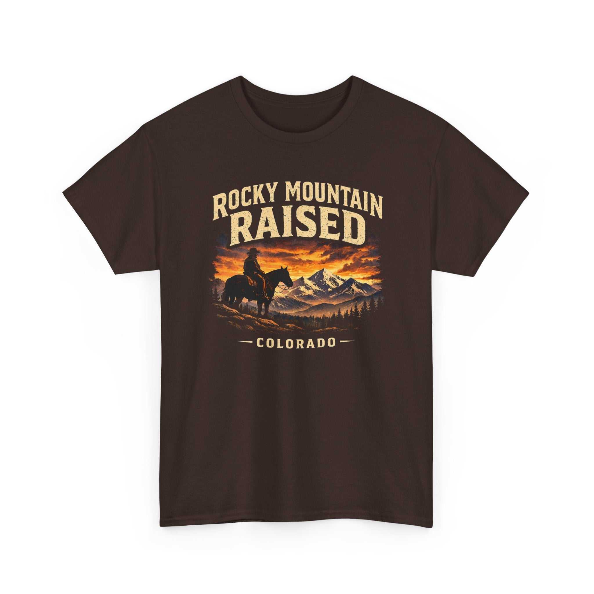 Western cowboy sunset Rocky Mountain T-Shirt by Big Sky Ranch Co., featuring mountain and sunset design on a casual tee.