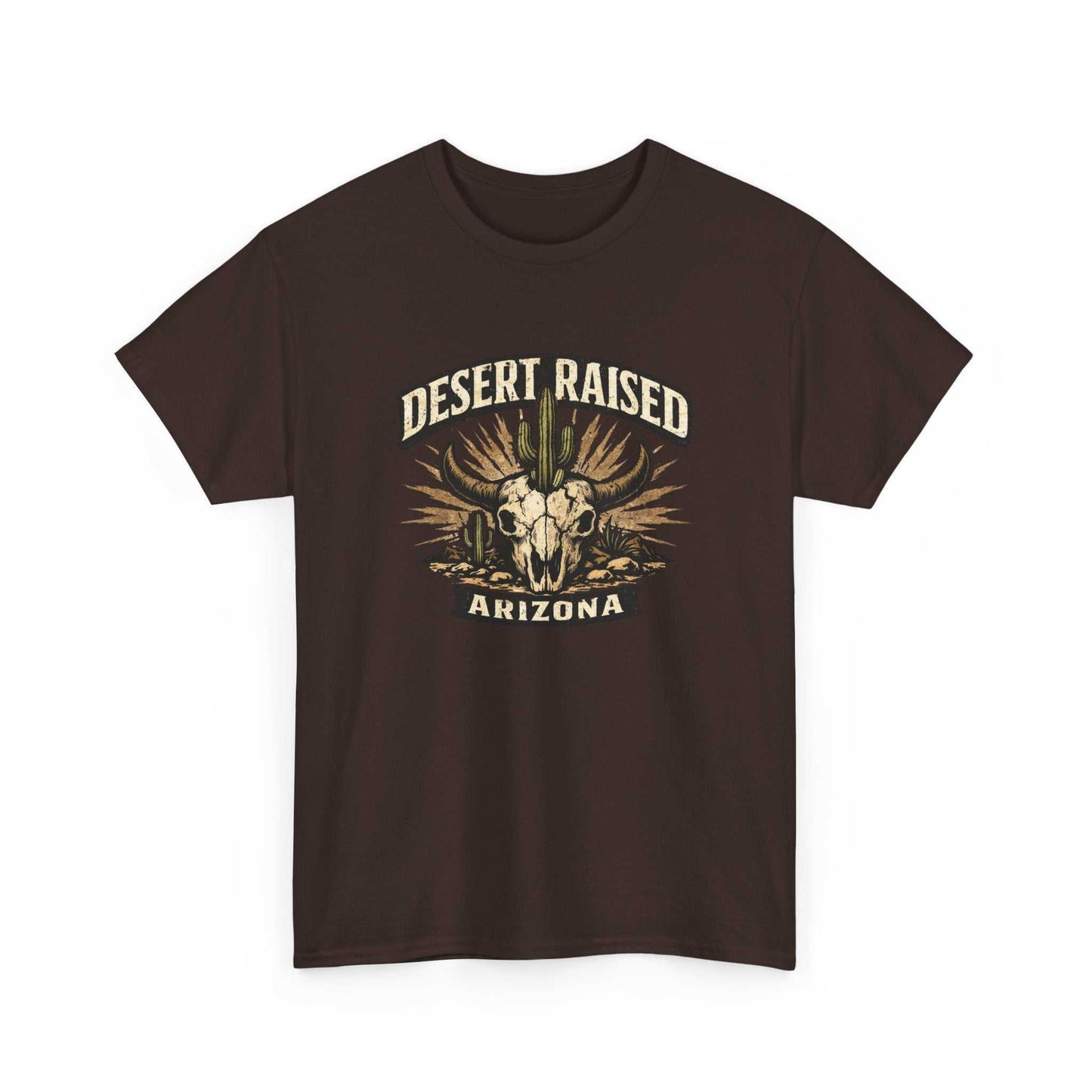 Desert Raised Arizona T-Shirt by Big Sky Ranch Co. featuring a Southwestern skull and cactus graphic on a casual tee.
