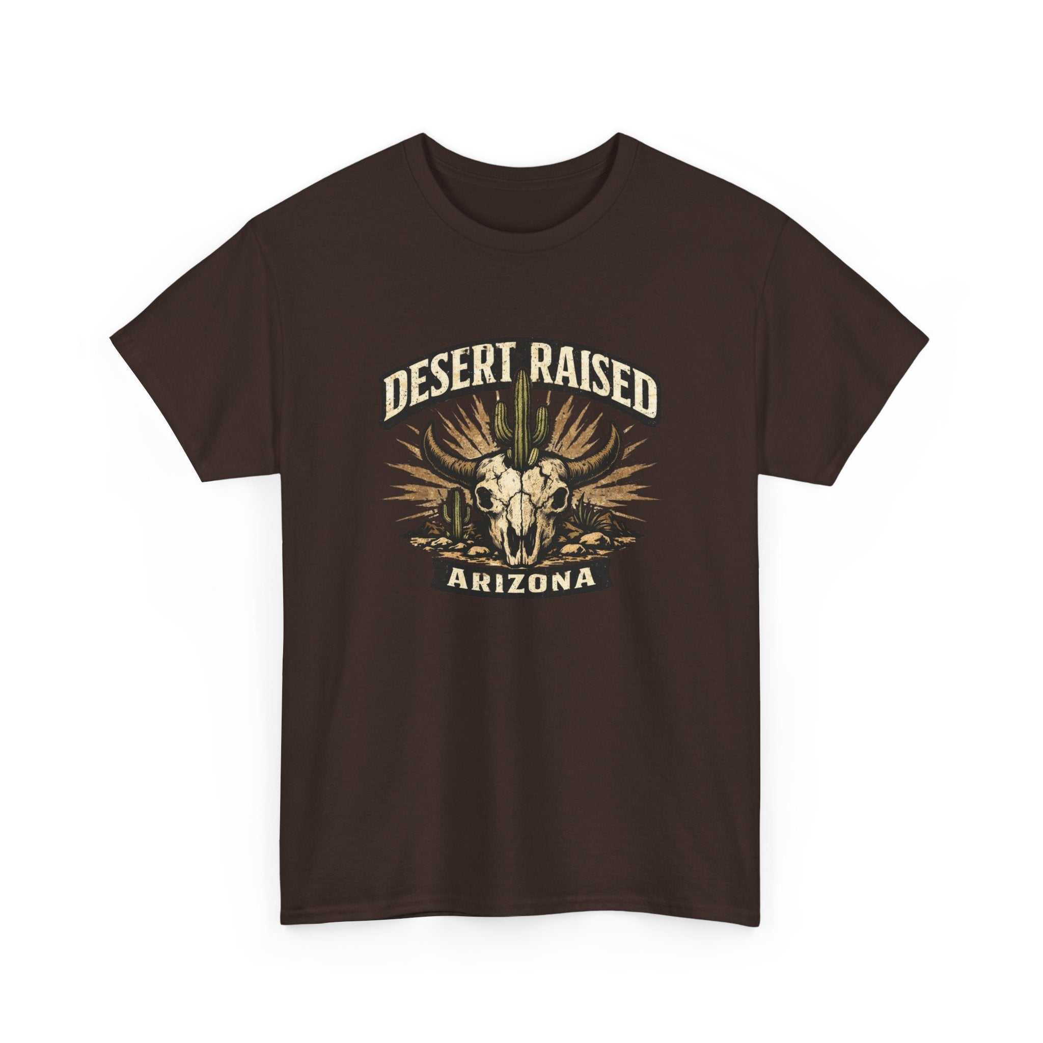 Desert Raised Arizona T-Shirt by Big Sky Ranch Co. featuring a Southwestern skull and cactus graphic on a casual tee.