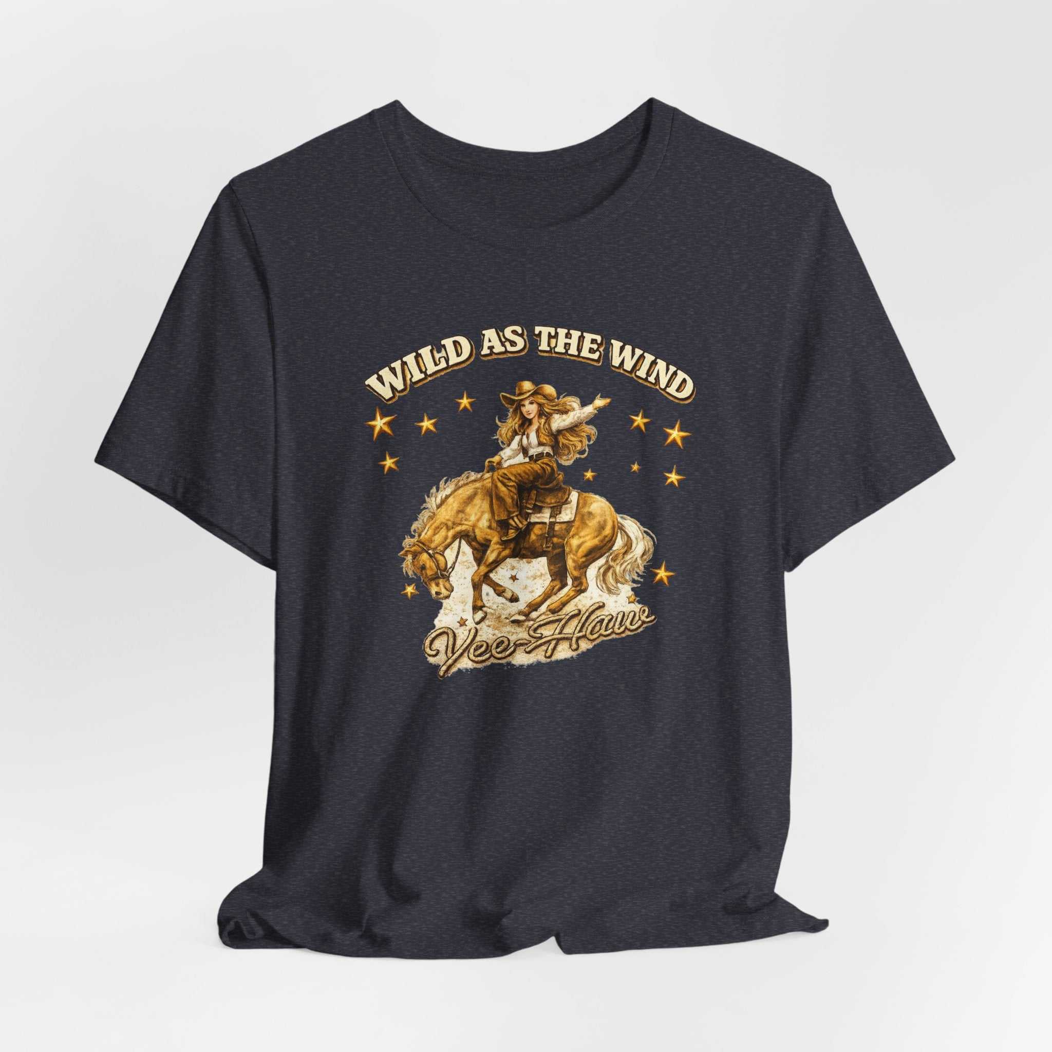 Big Sky Ranch Co. Wild as the Wind Cowgirl T-Shirt with vintage western rodeo graphic, showcasing a stylish western-inspired T-shirt design.