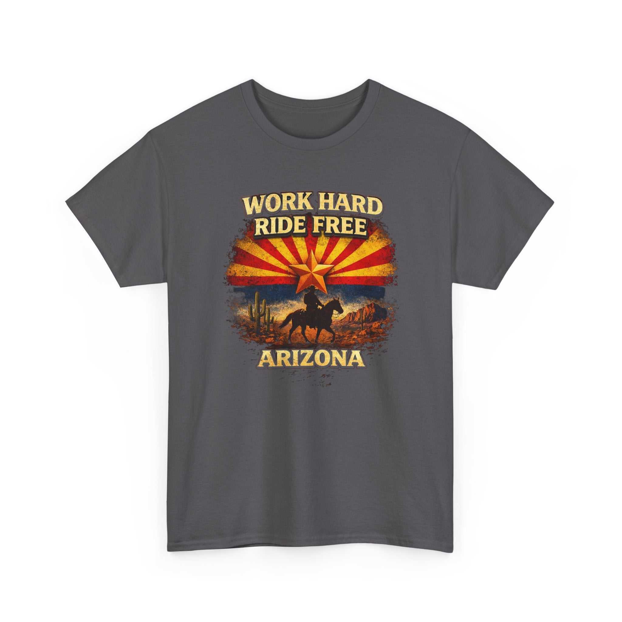 Arizona Big Sky Ranch Co. cowboy T-shirt with "Work Hard Ride Free" slogan, featuring Western-inspired design on soft fabric.