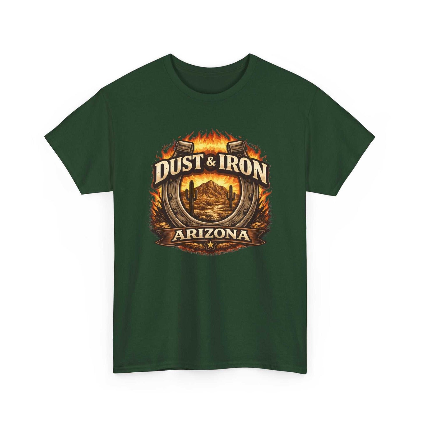 Dust & Iron Arizona T-Shirt by Big Sky Ranch Co. featuring a vintage desert motorcycle emblem on a casual cotton tee.
