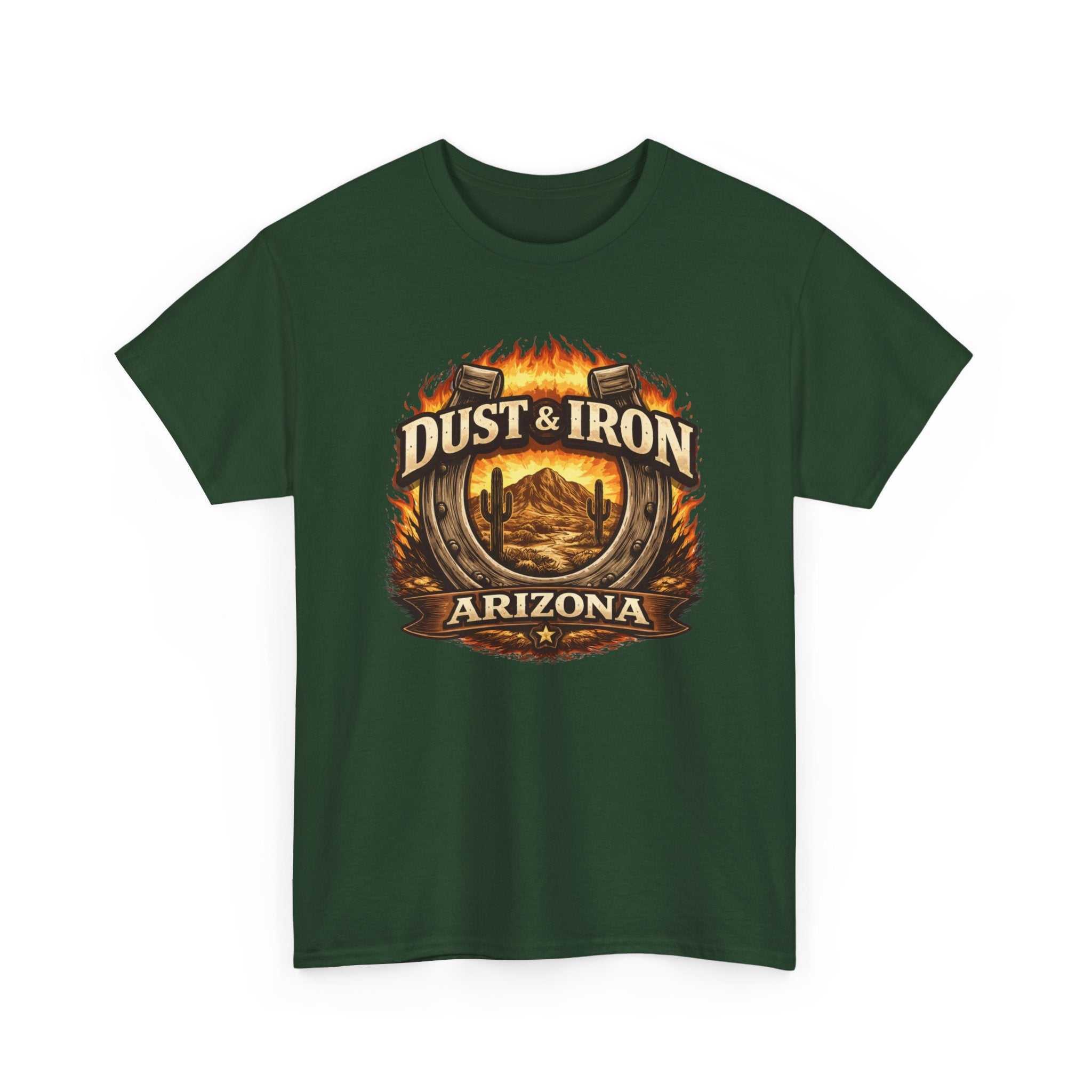 Dust & Iron Arizona T-Shirt by Big Sky Ranch Co. featuring a vintage desert motorcycle emblem on a casual cotton tee.