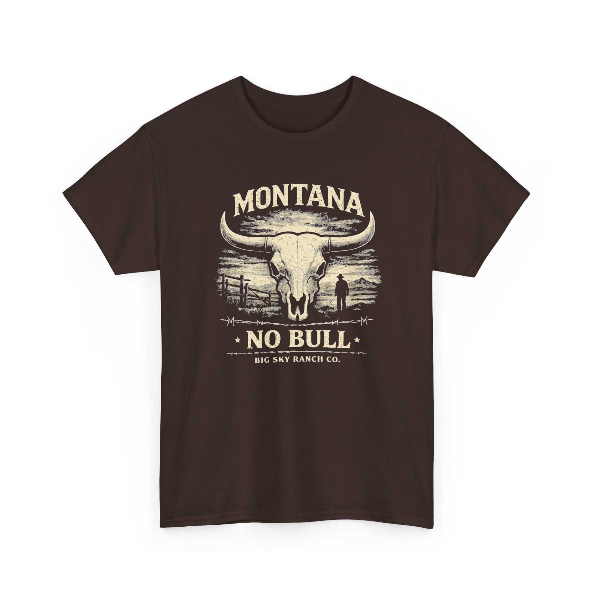 Western Montana No Bull T-Shirt by Big Sky Ranch Co. featuring a longhorn ranch design on a casual tee.