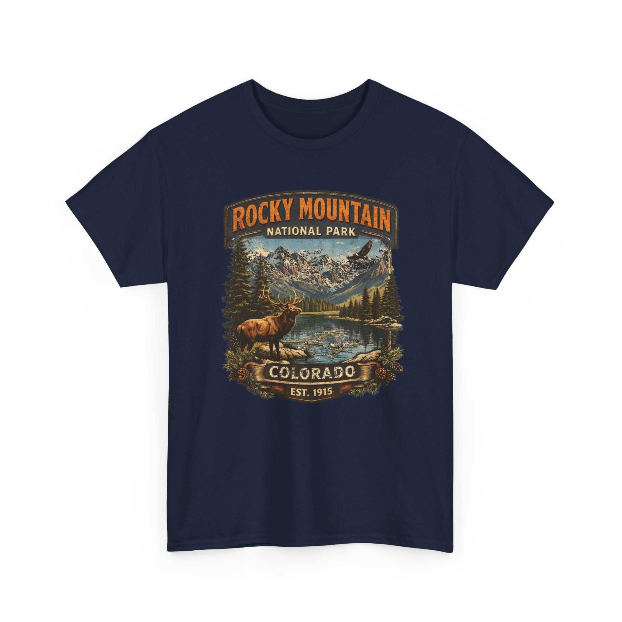 Big Sky Ranch Co. Rocky Mountain National Park Colorado graphic T-shirt with vintage outdoors elk design.