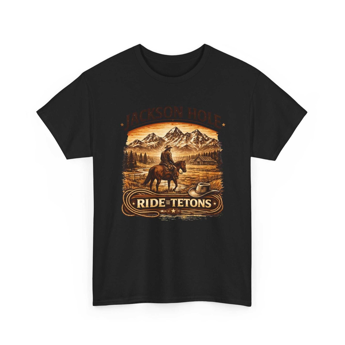 Big Sky Ranch Co. Jackson Hole Ride Tetons T-Shirt featuring a mountain landscape and outdoor adventure design.