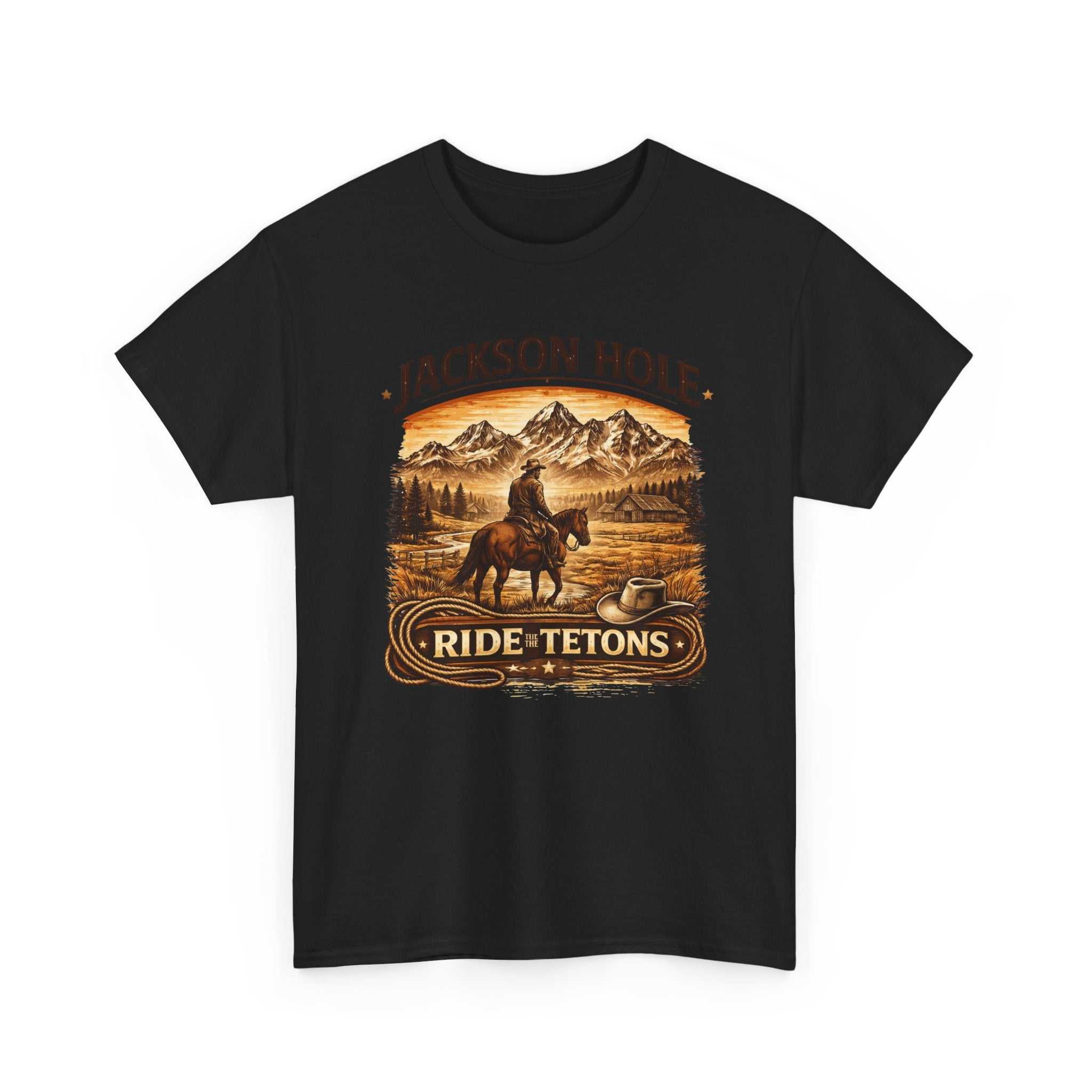 Big Sky Ranch Co. Jackson Hole Ride Tetons T-Shirt featuring a mountain landscape and outdoor adventure design.