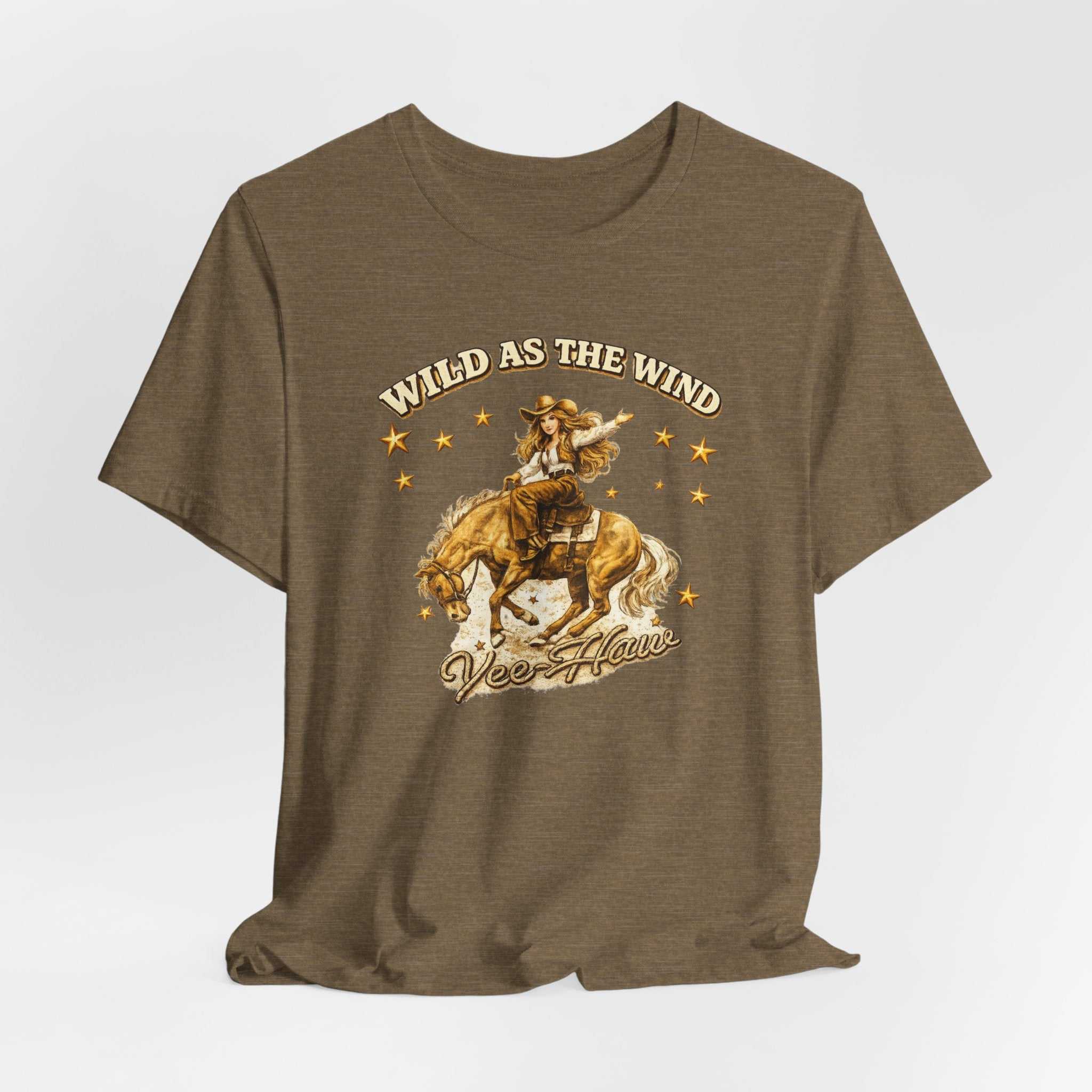 Wild as the Wind Cowgirl Tee by Big Sky Ranch Co., vintage Western rodeo graphic T-shirt with cowgirl illustration and rustic style.
