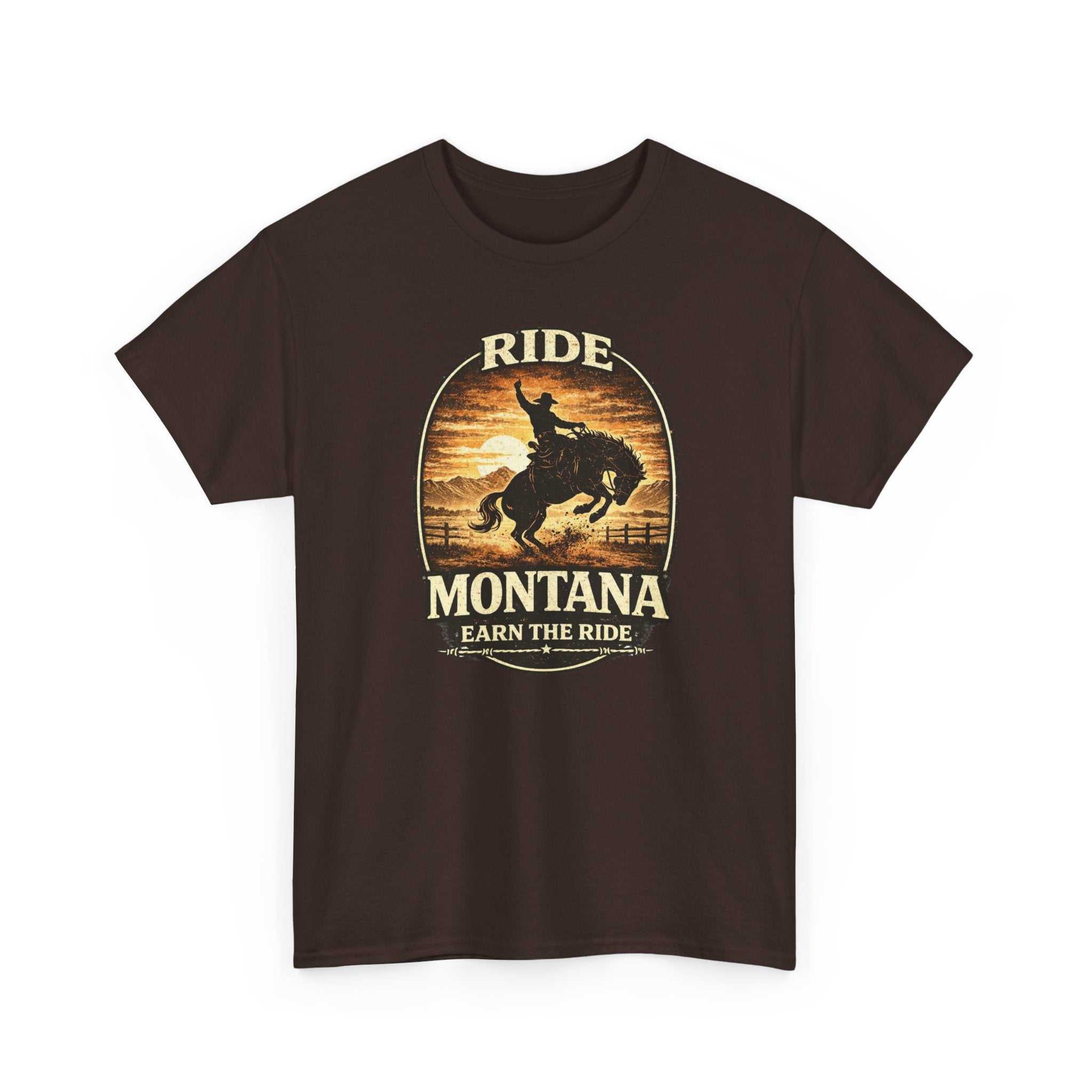 Vintage Montana Bronco Cowboy Sunset T-shirt by Big Sky Ranch Co. featuring a western sunset scene and cowboy design.