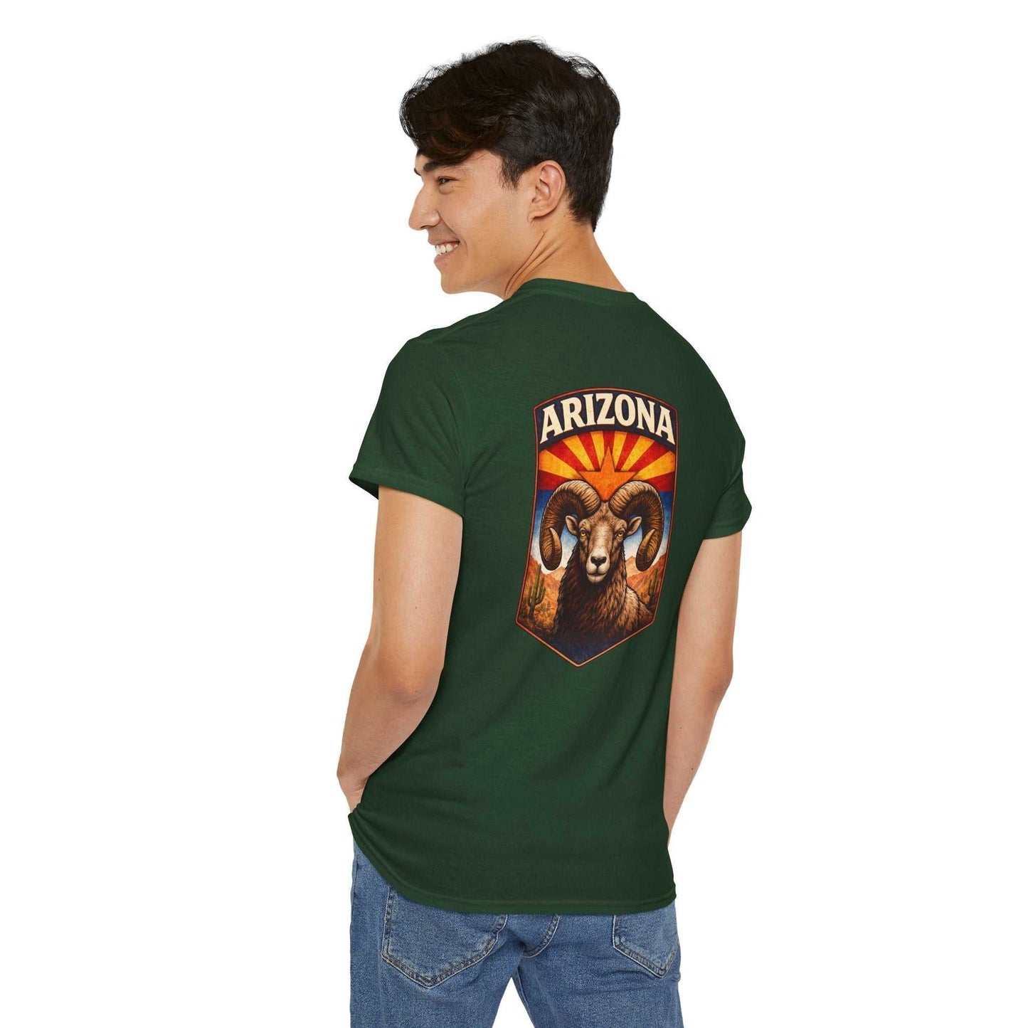 Arizona Desert Bighorn Ram T-Shirt by Big Sky Ranch Co. featuring a vintage-style ram and desert badge design.